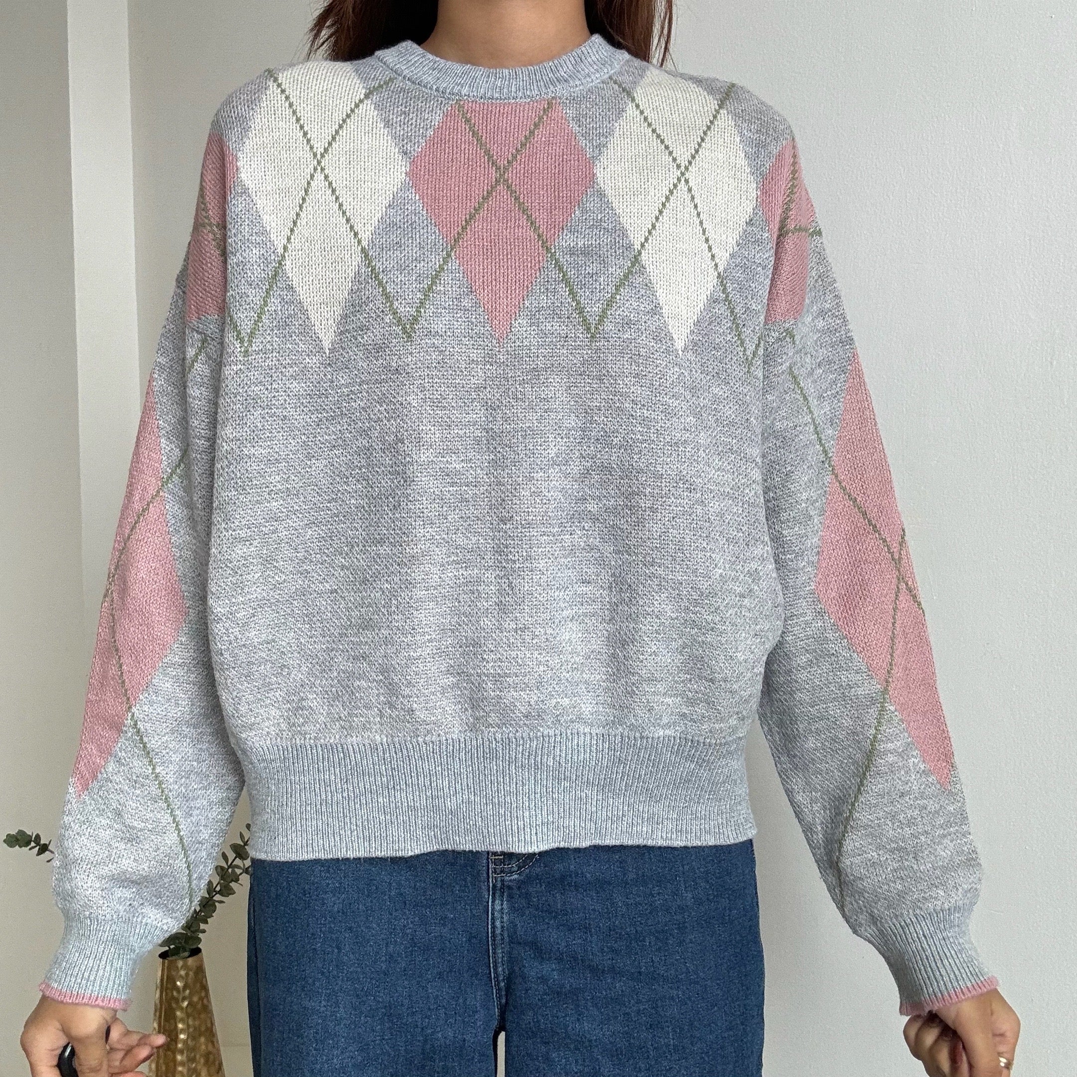 Grey Argyle Crewneck Sweater 8S