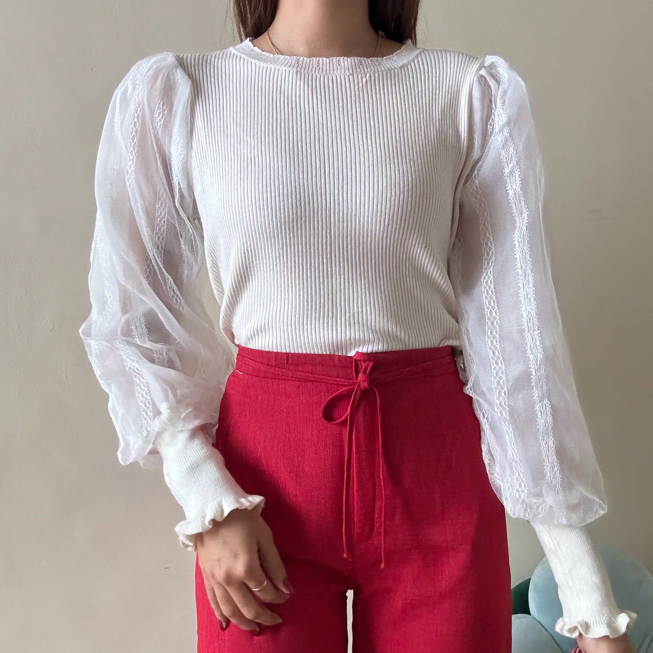 White Lacy Sleeve Ribbed Top - axes