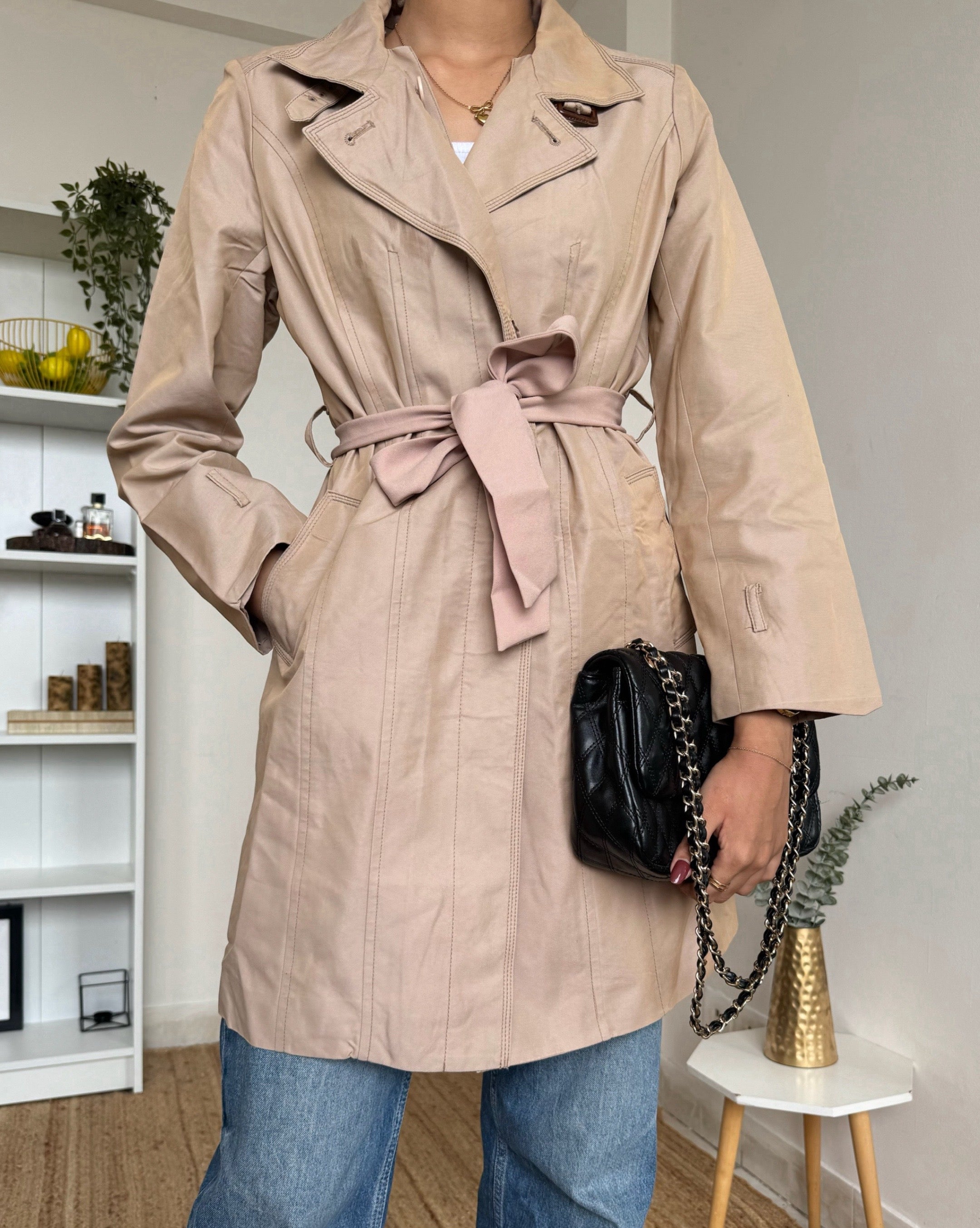 Solid Beige Trench Coat - mp