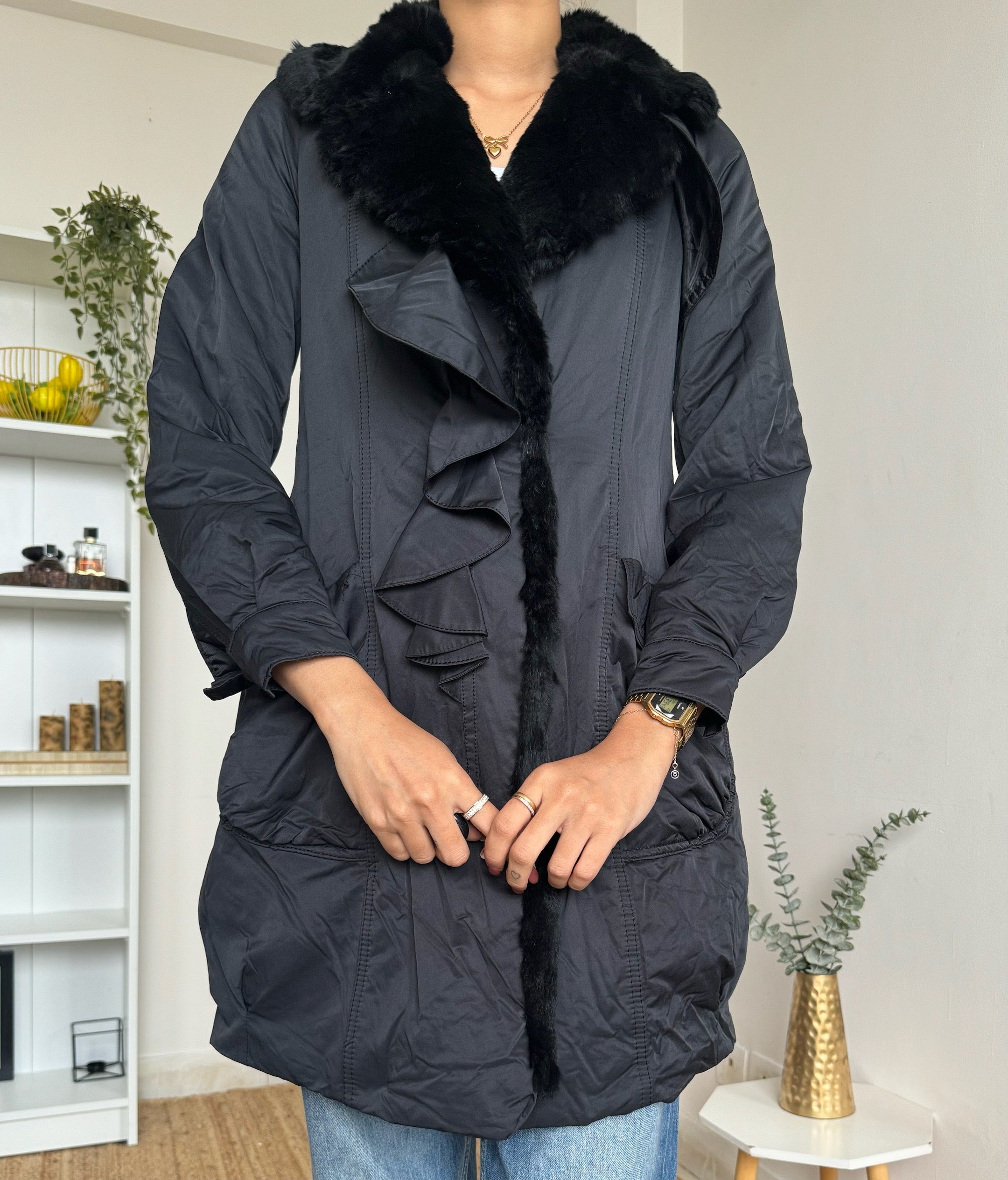 Black Faux Fur Collar Trench Coat -  jsb