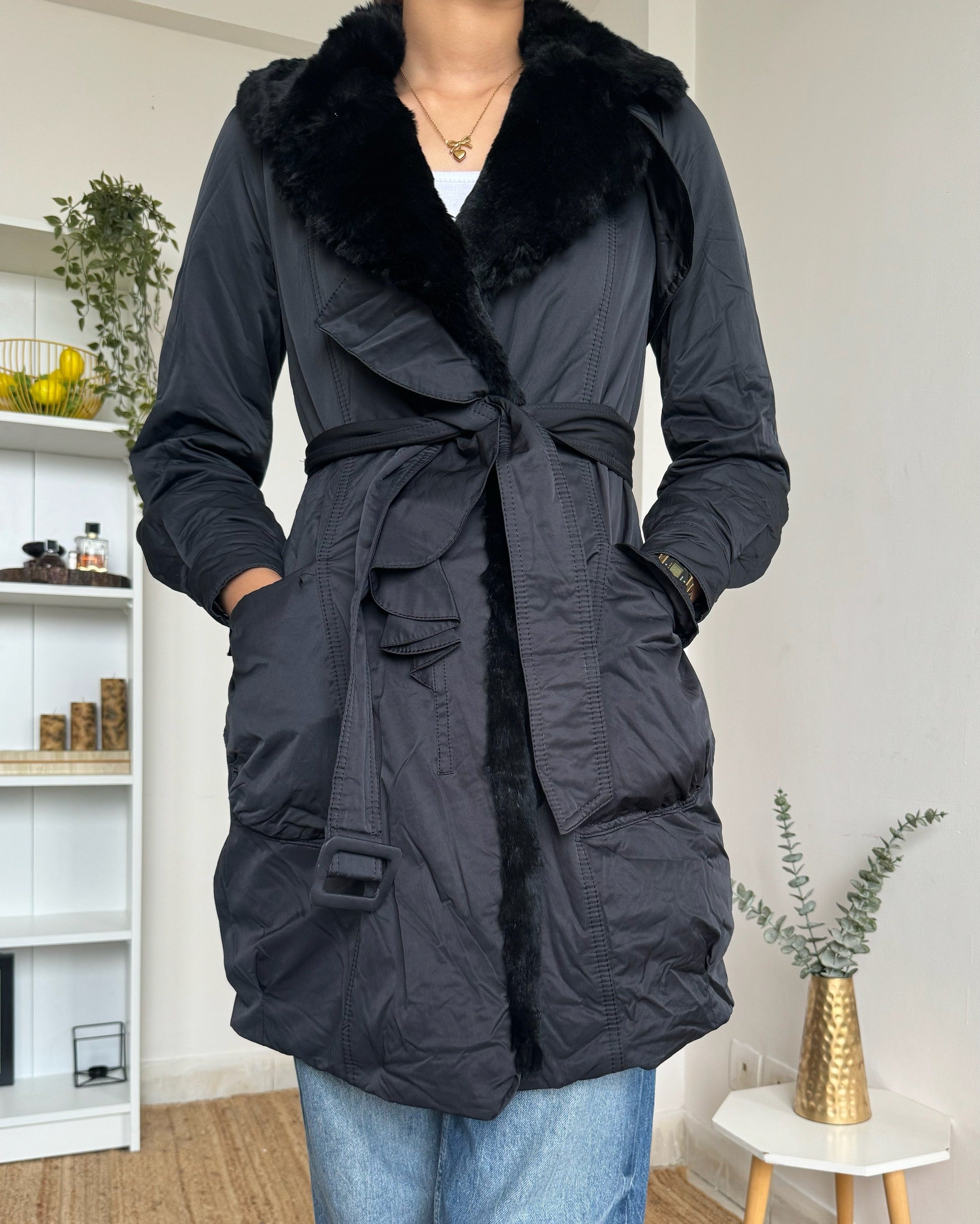 Black Faux Fur Collar Trench Coat -  jsb