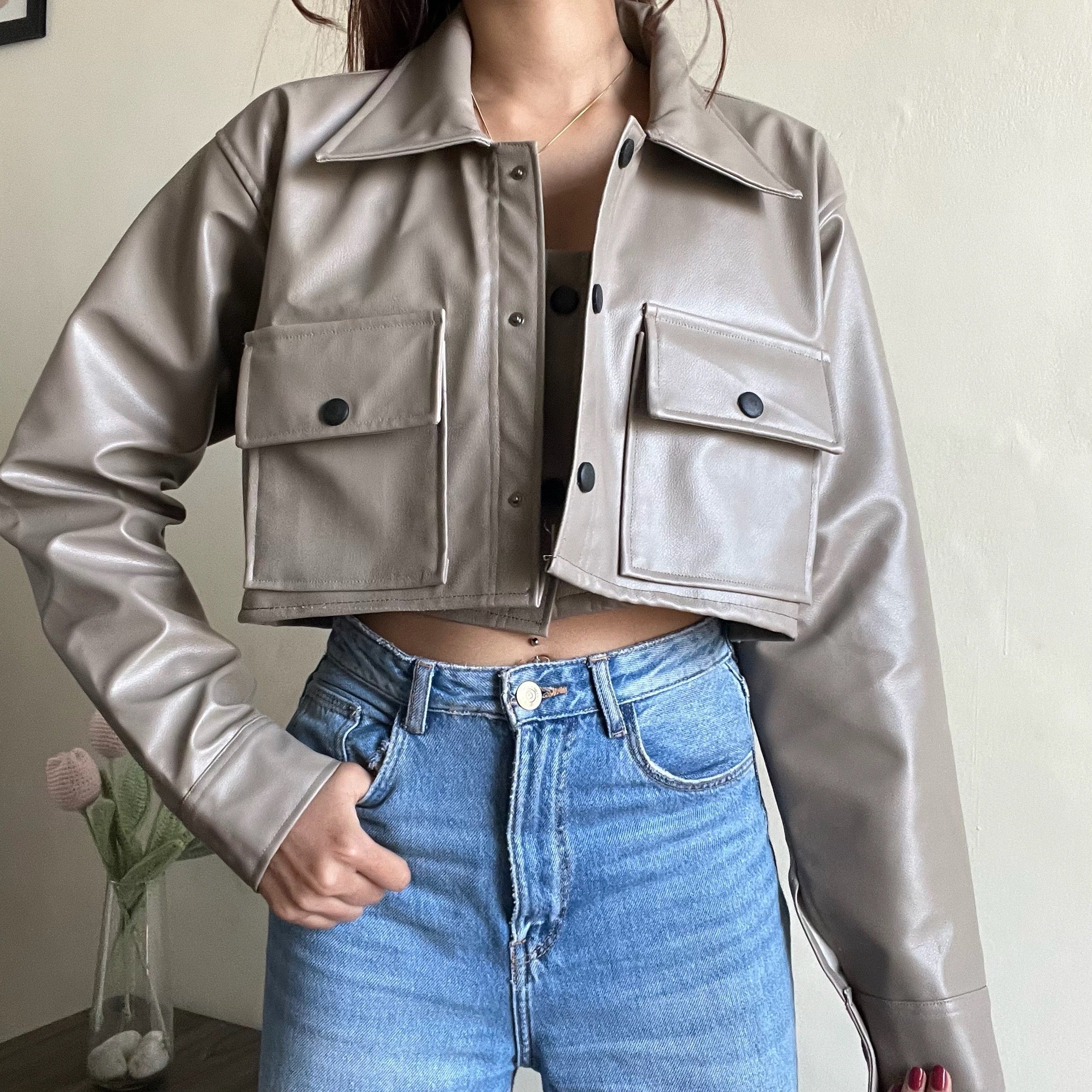 Unisex Faux Leather Shirt - Beige