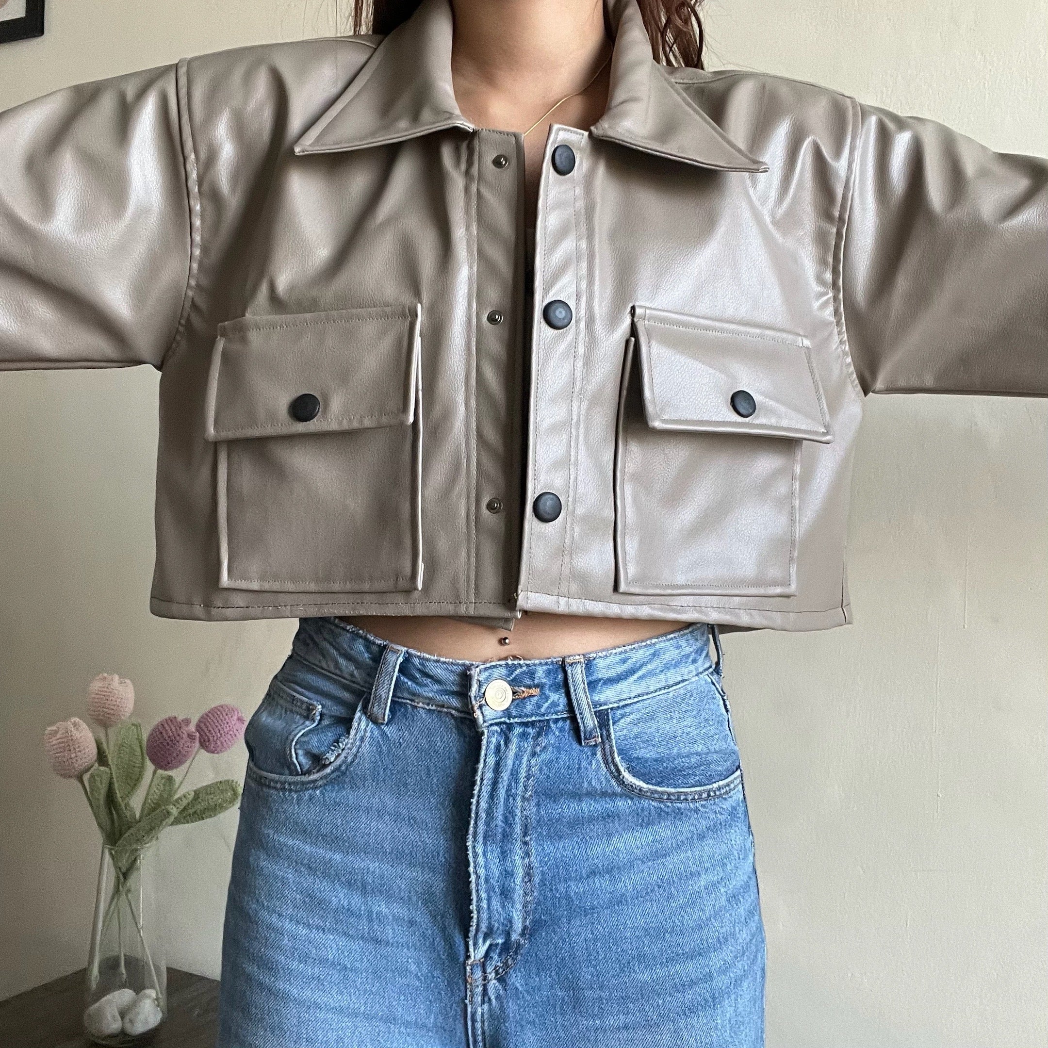 Unisex Faux Leather Shirt - Beige