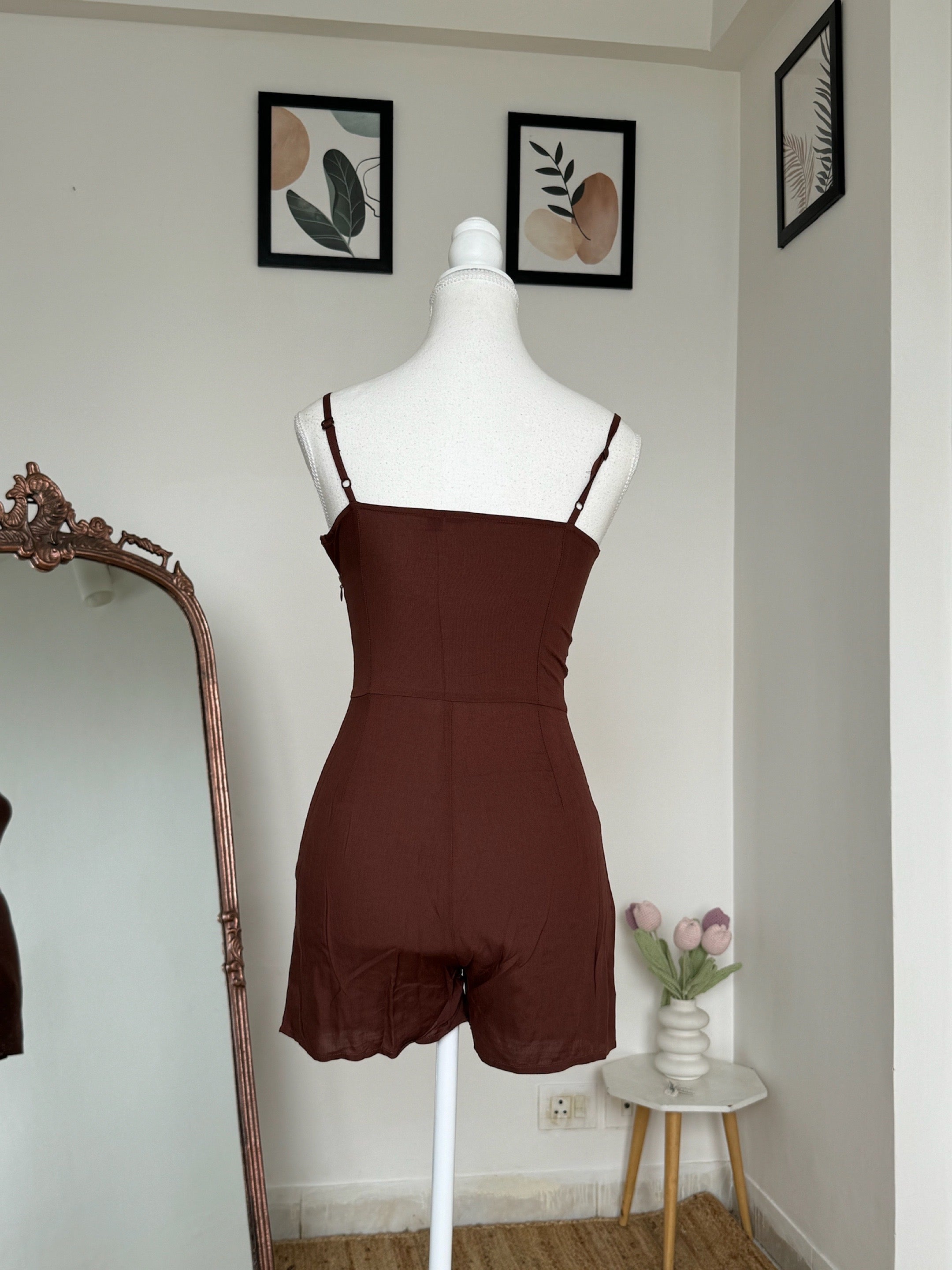 Brown Spaghetti Romper Dress