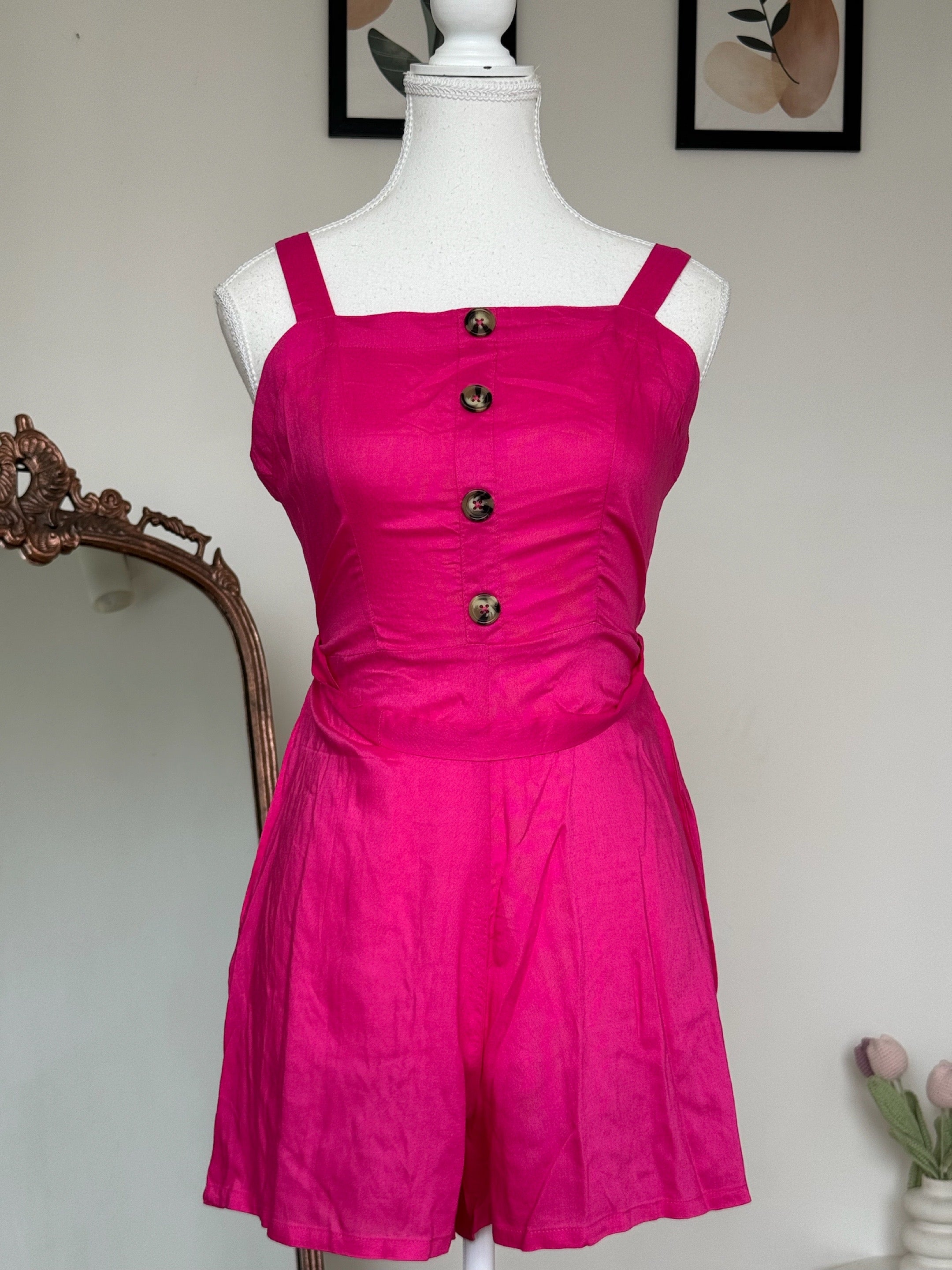 Hot Pink Button Romper Dress