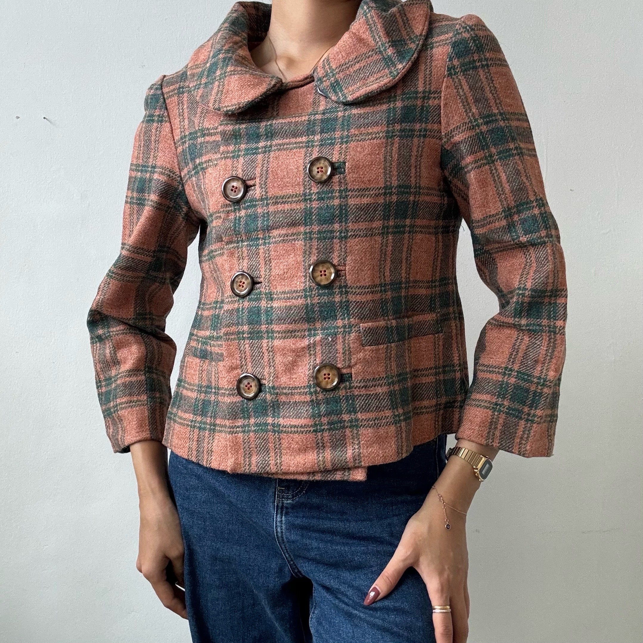 Tan-Green Plaid double breasted coat