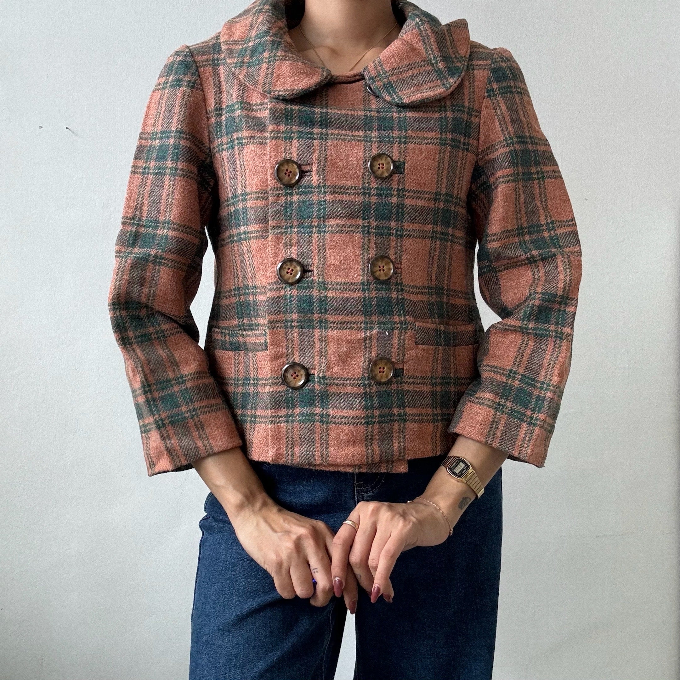 Tan-Green Plaid double breasted coat