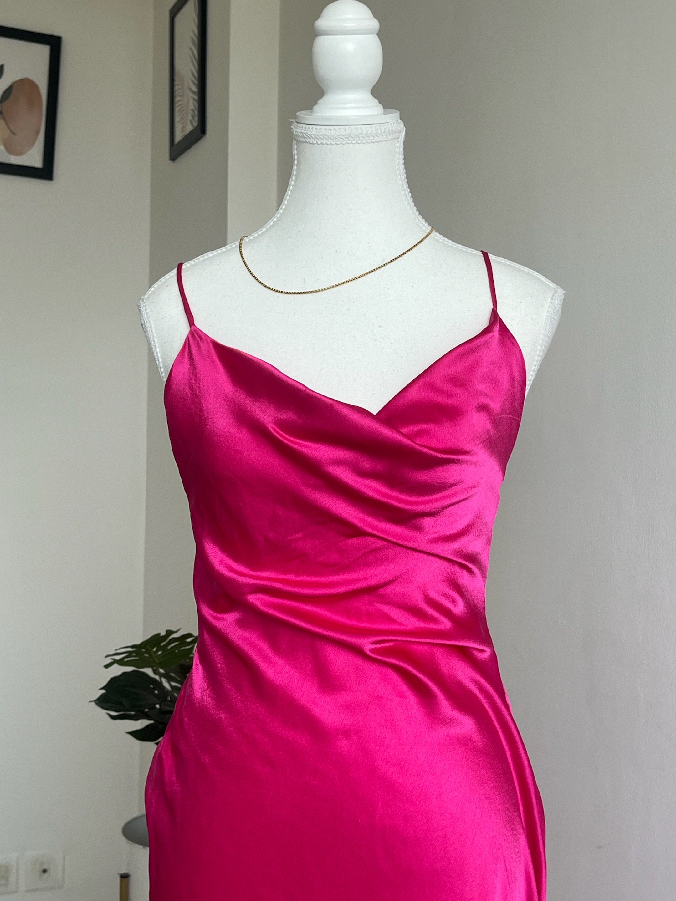 Hot Pink Satin Long Backless Dress