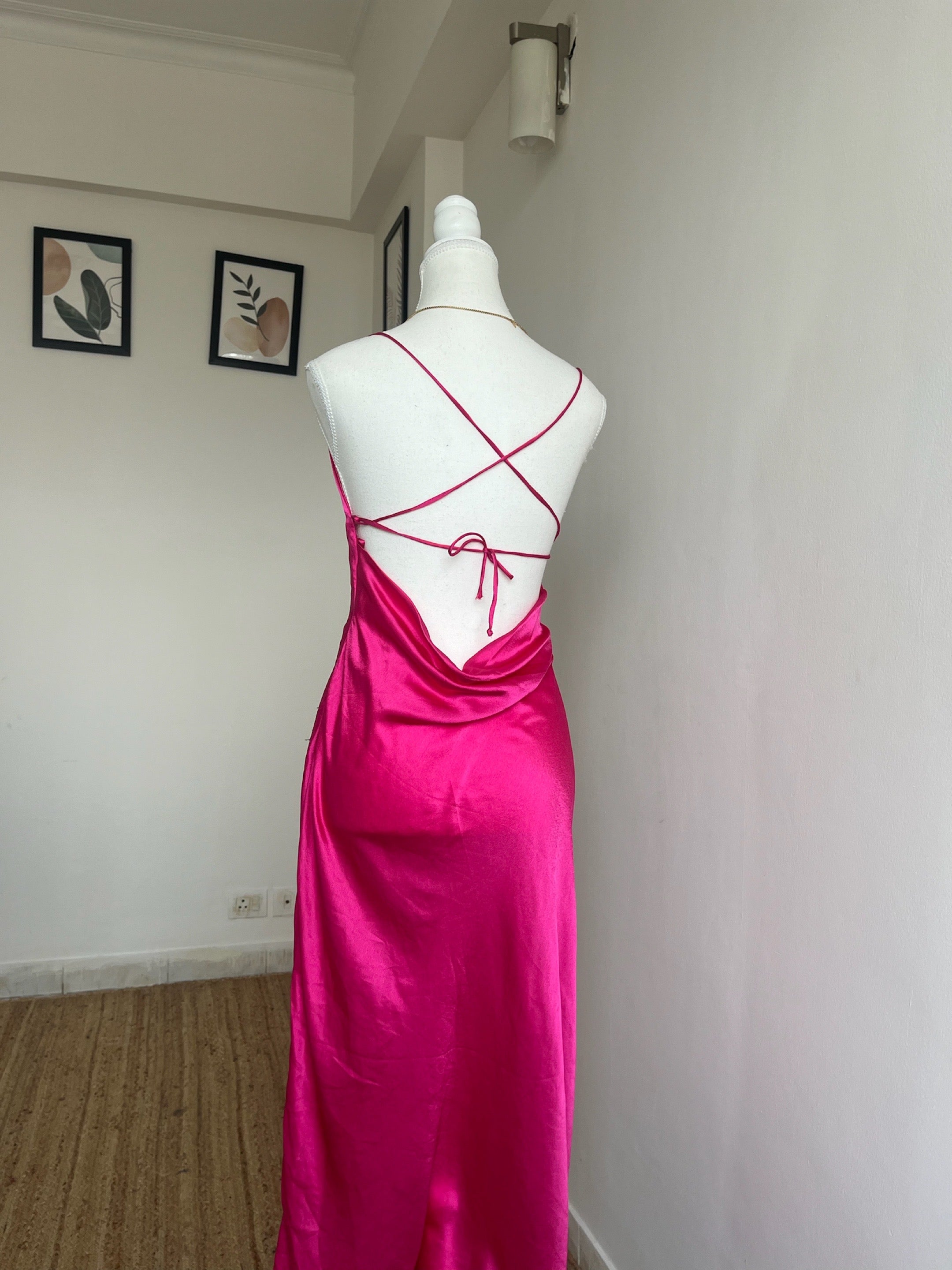 Hot Pink Satin Long Backless Dress