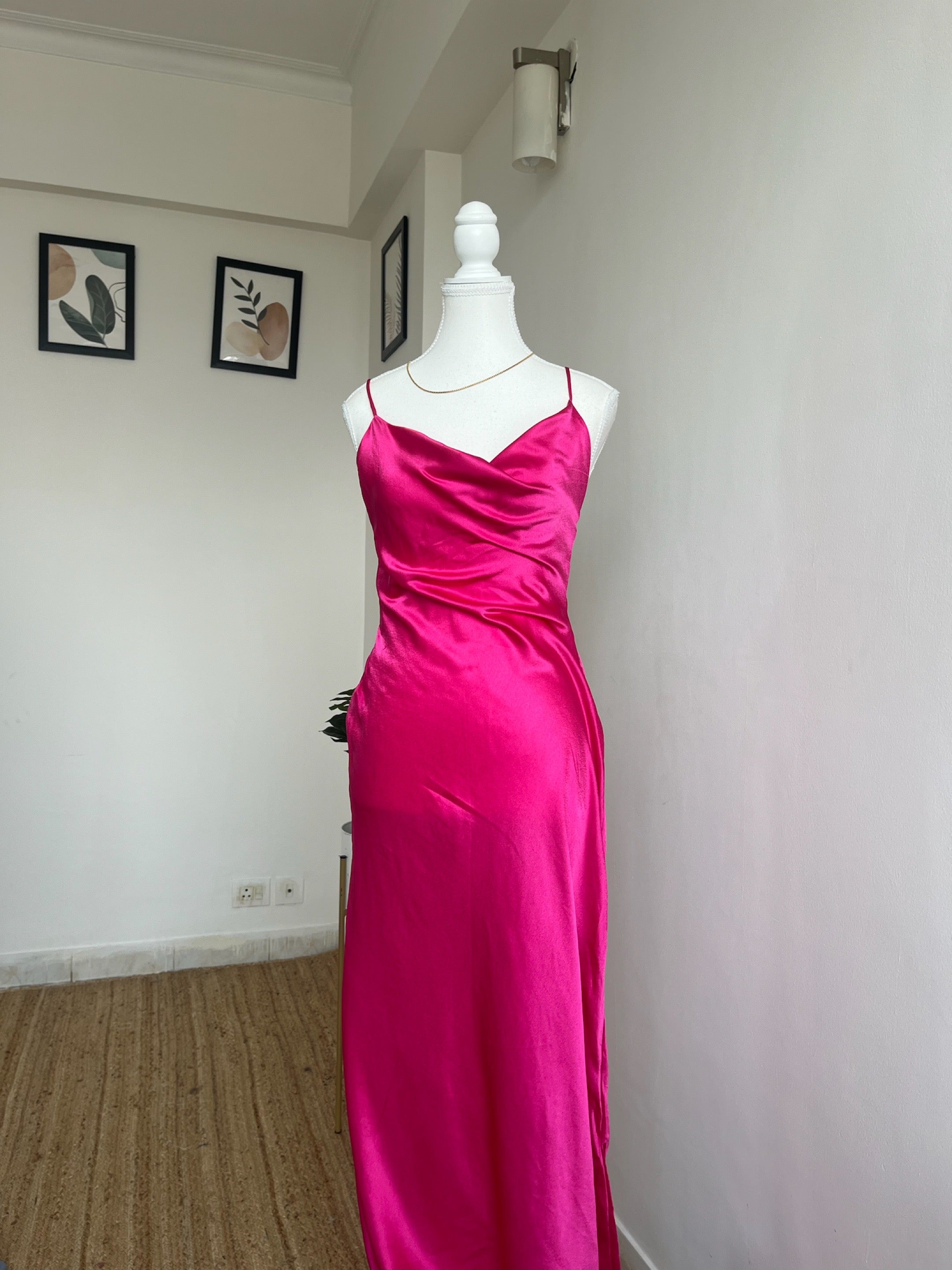 Hot Pink Satin Long Backless Dress