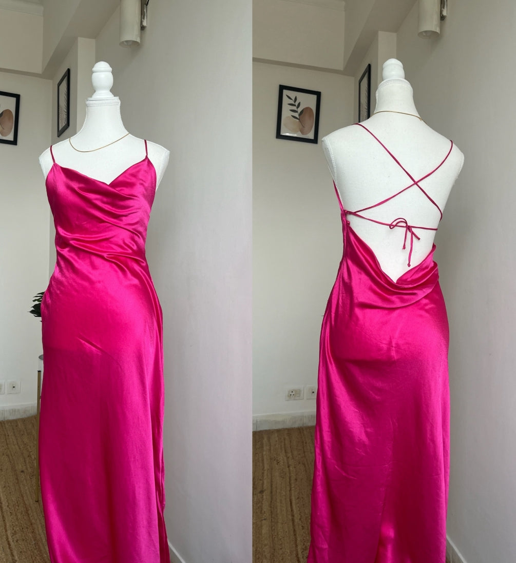 Hot Pink Satin Long Backless Dress