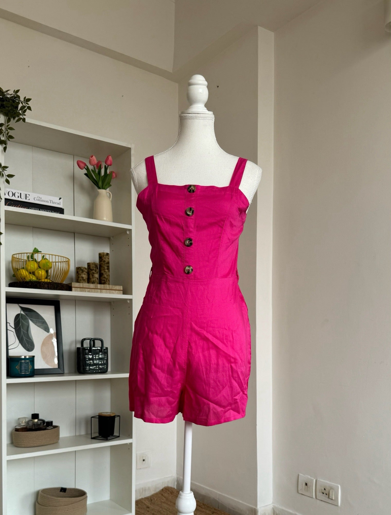 Hot Pink Button Romper Dress