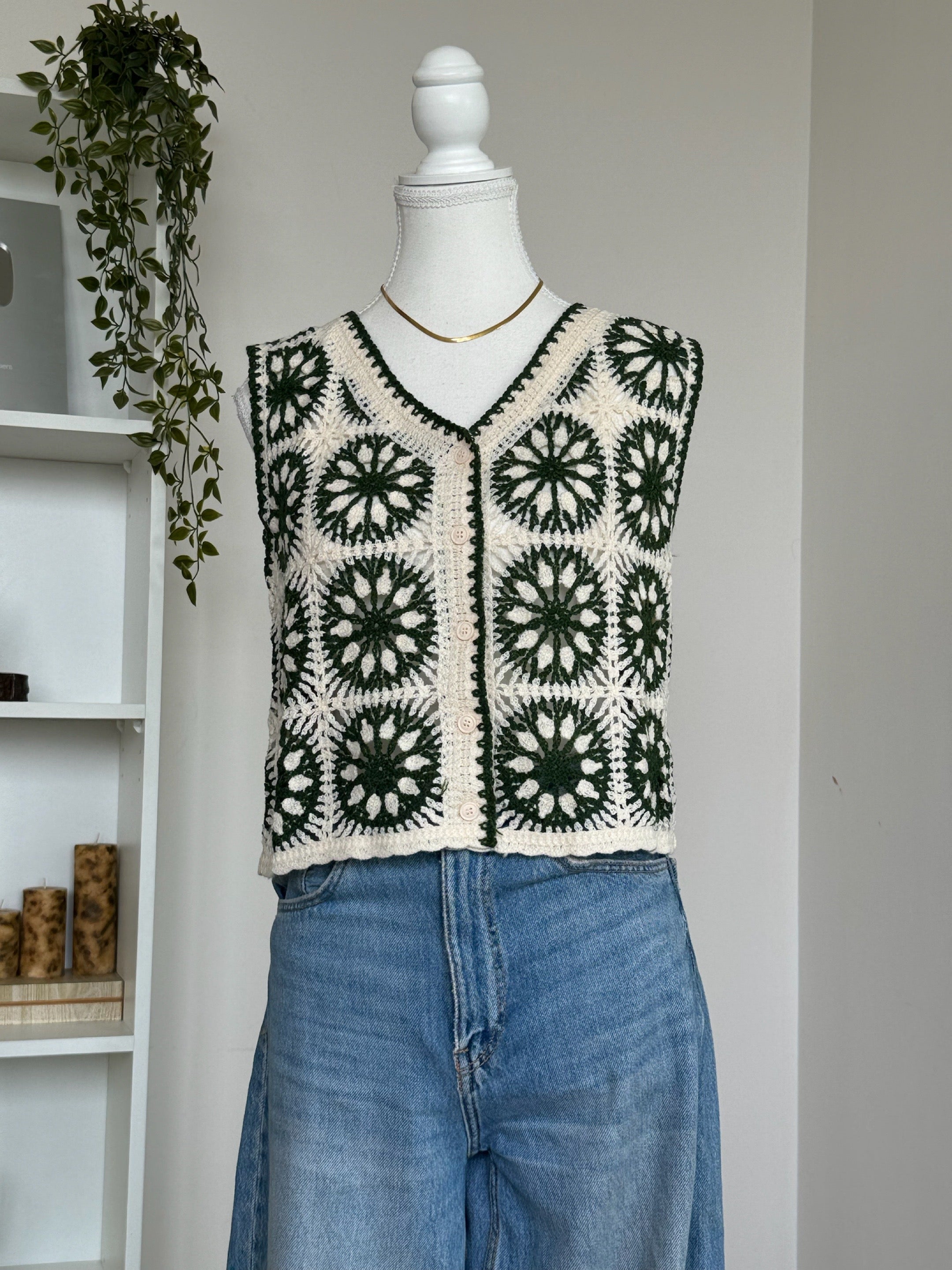 Green Floral Crochet Button Vest