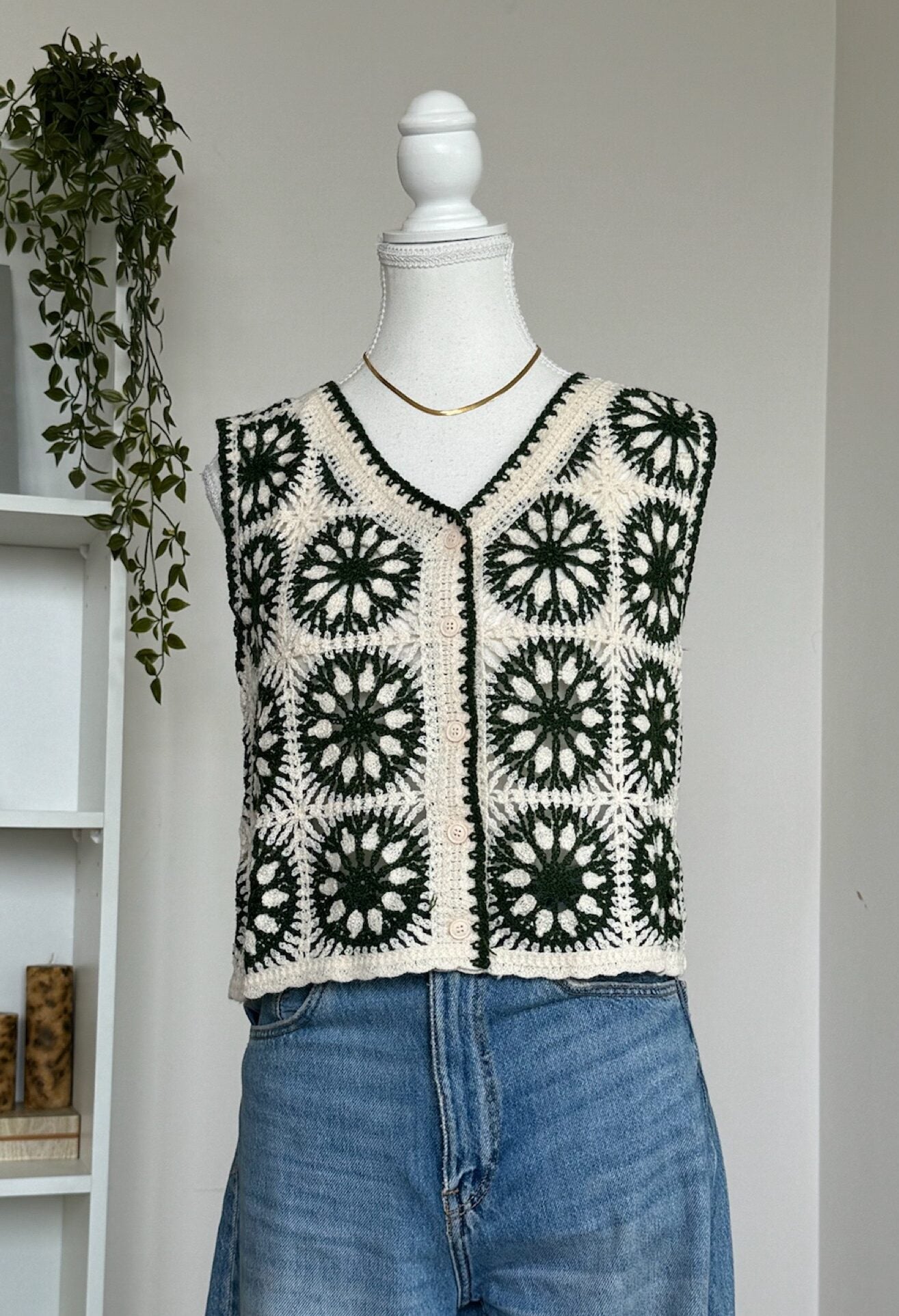 Green Floral Crochet Button Vest