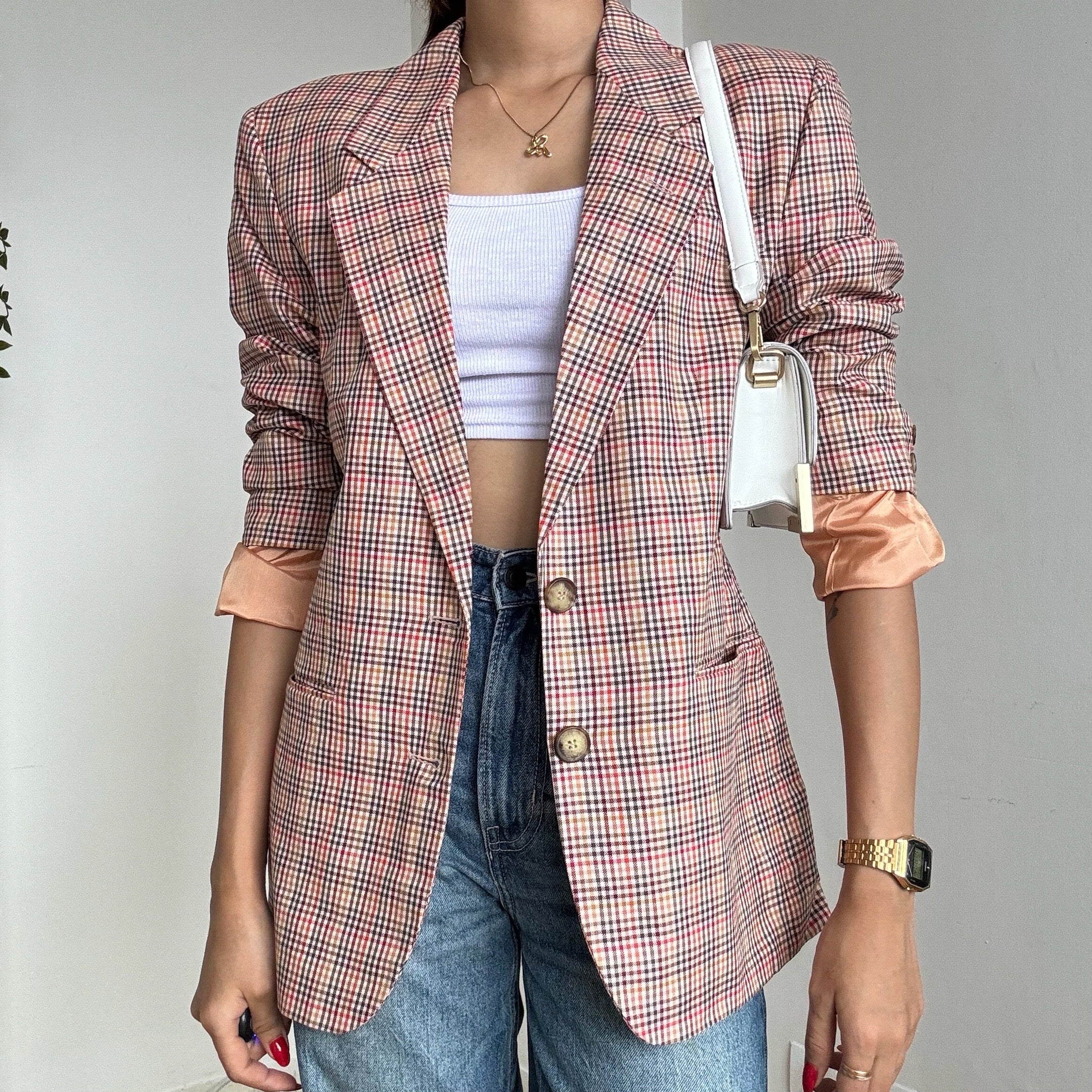 Peach Checkered Blazer - vg