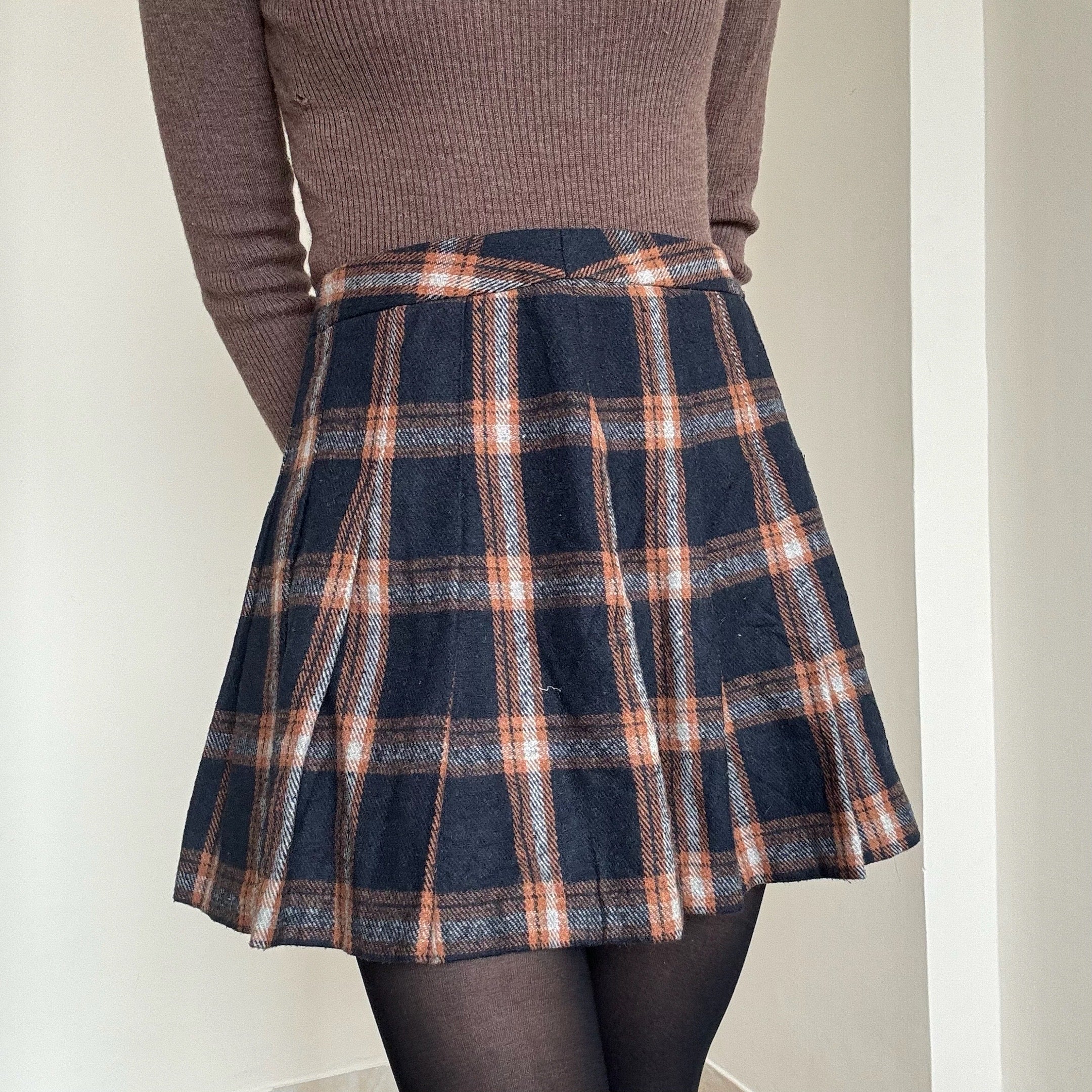 Navy Plaid Pleated Skirt -  28