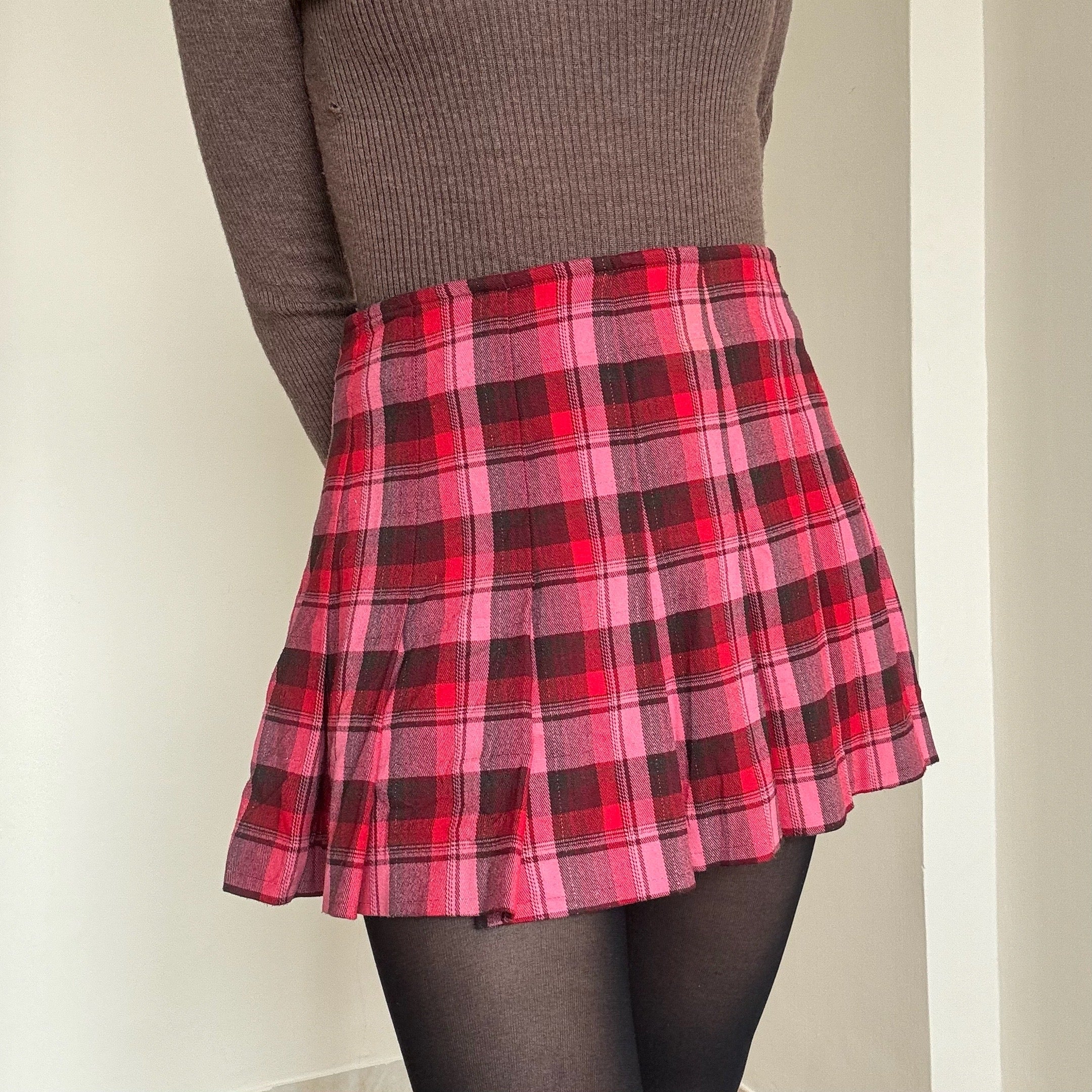 Red Plaid Pleated Skirt - 29/30