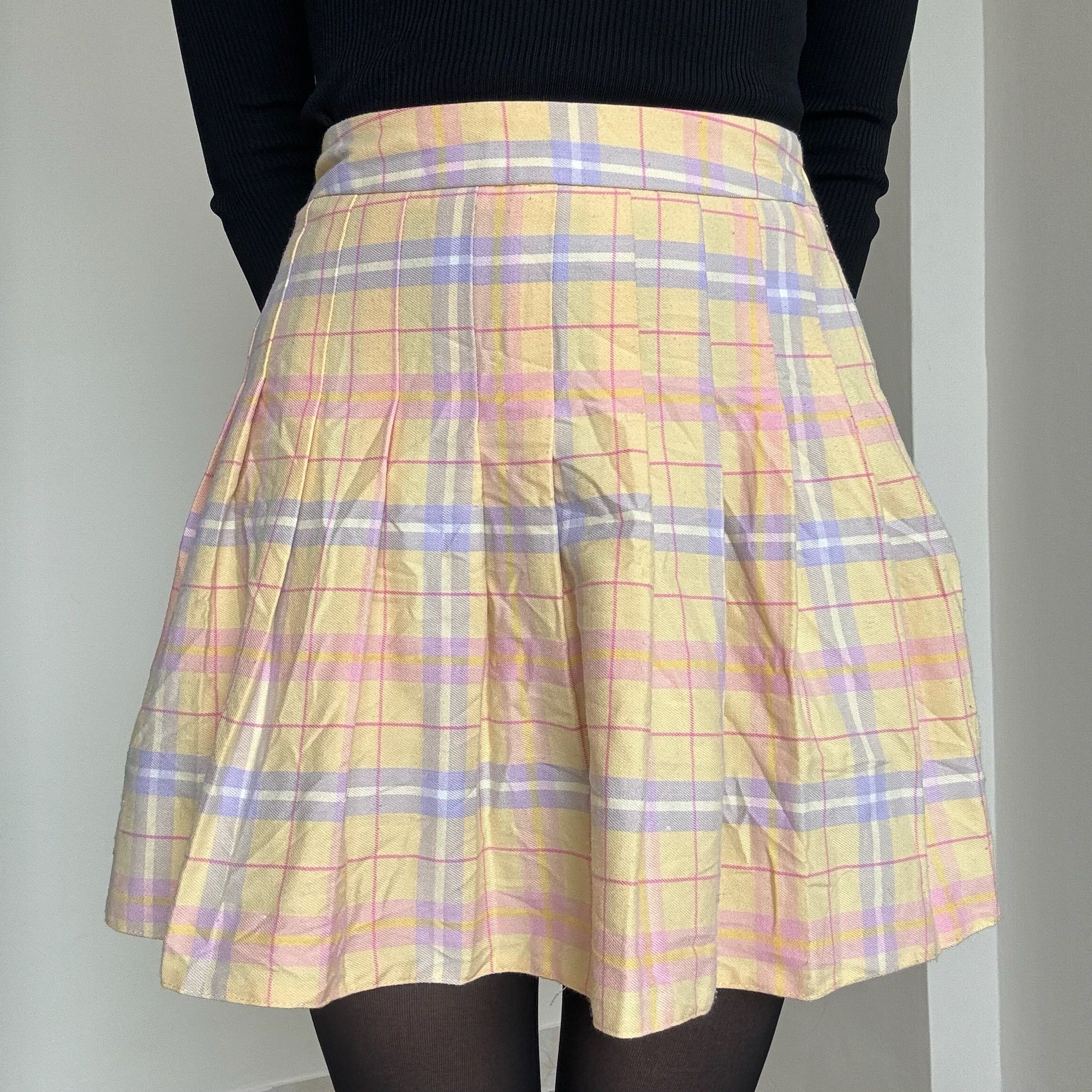 Yellow Plaid Pleated Skirt - 26