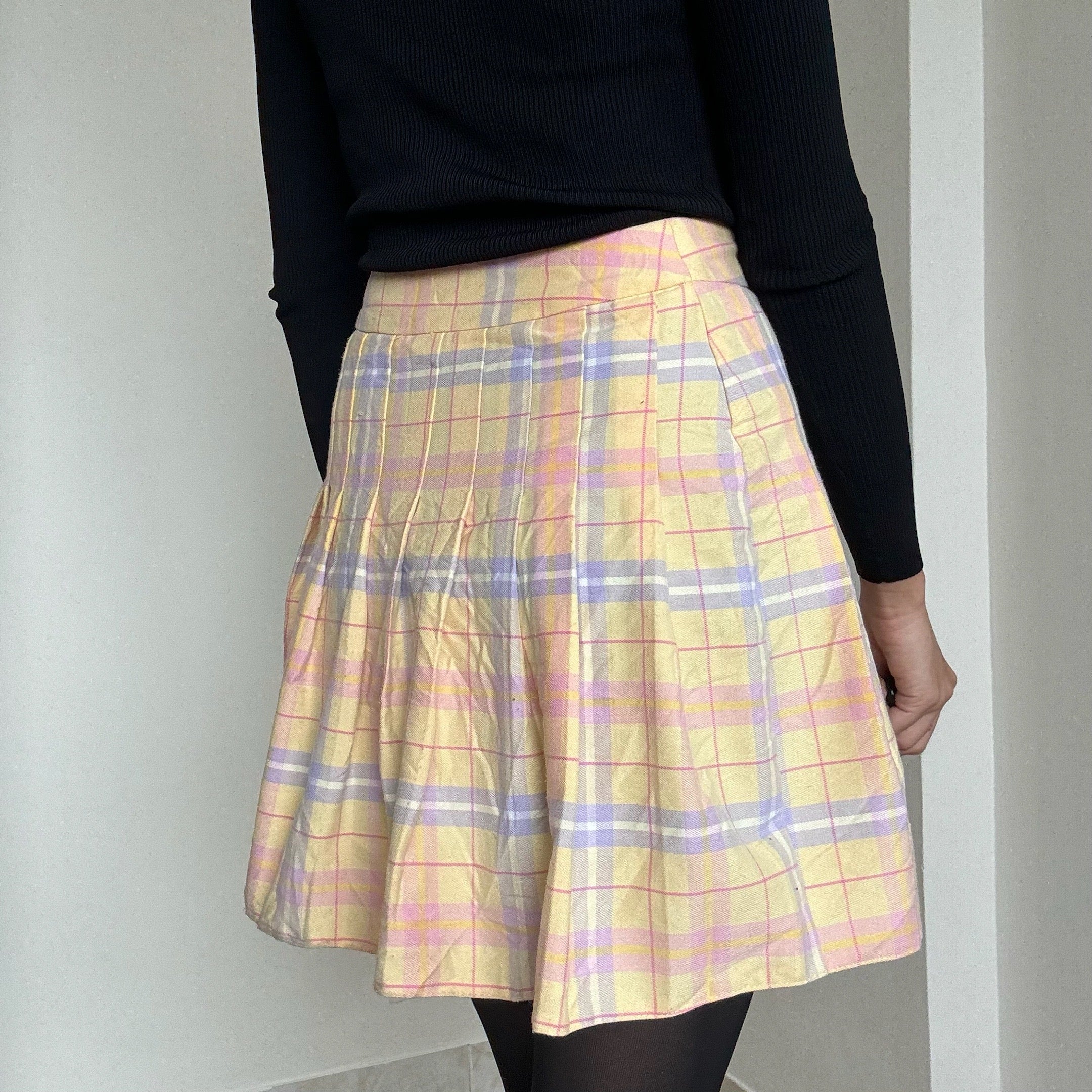 Yellow Plaid Pleated Skirt - 26