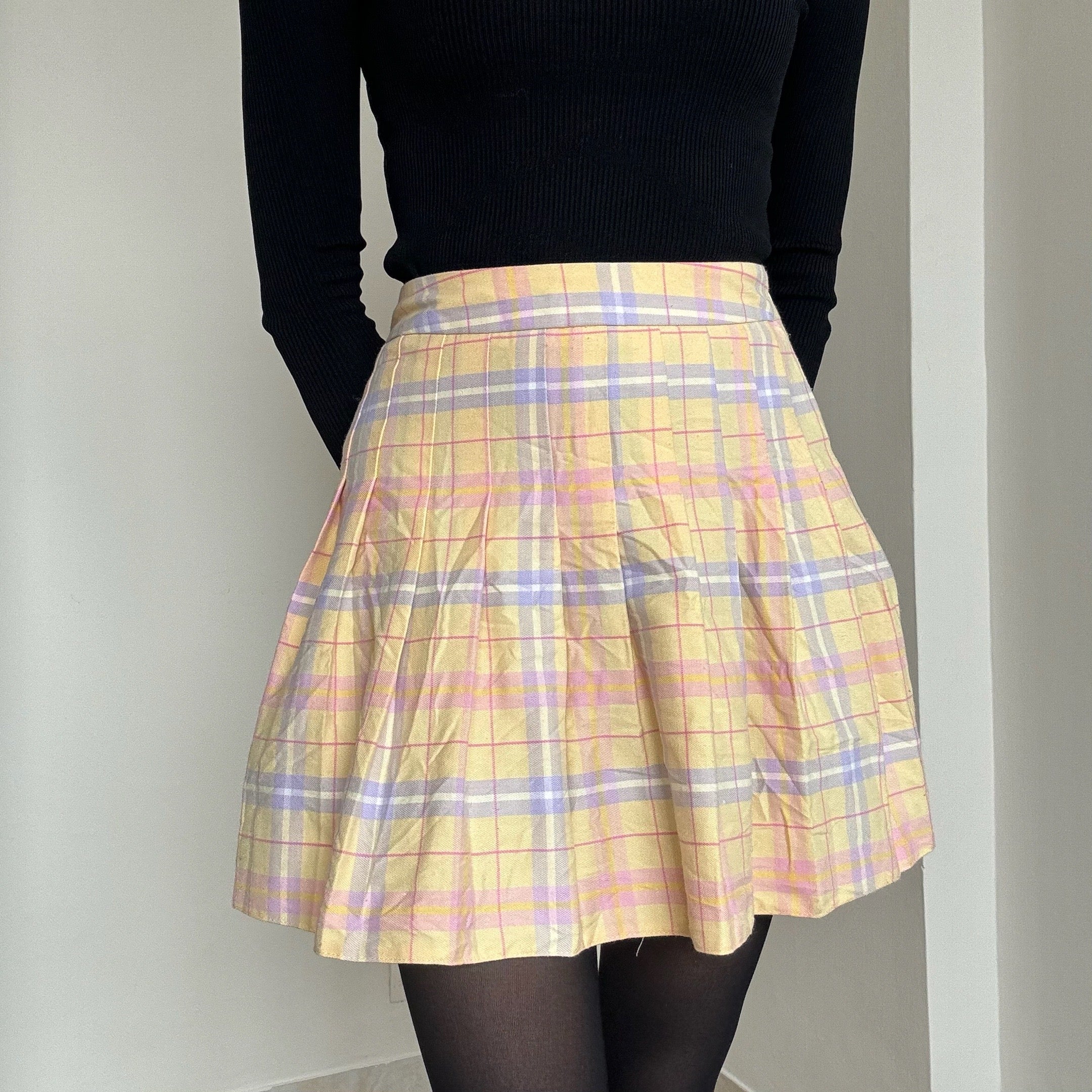 Yellow Plaid Pleated Skirt - 26