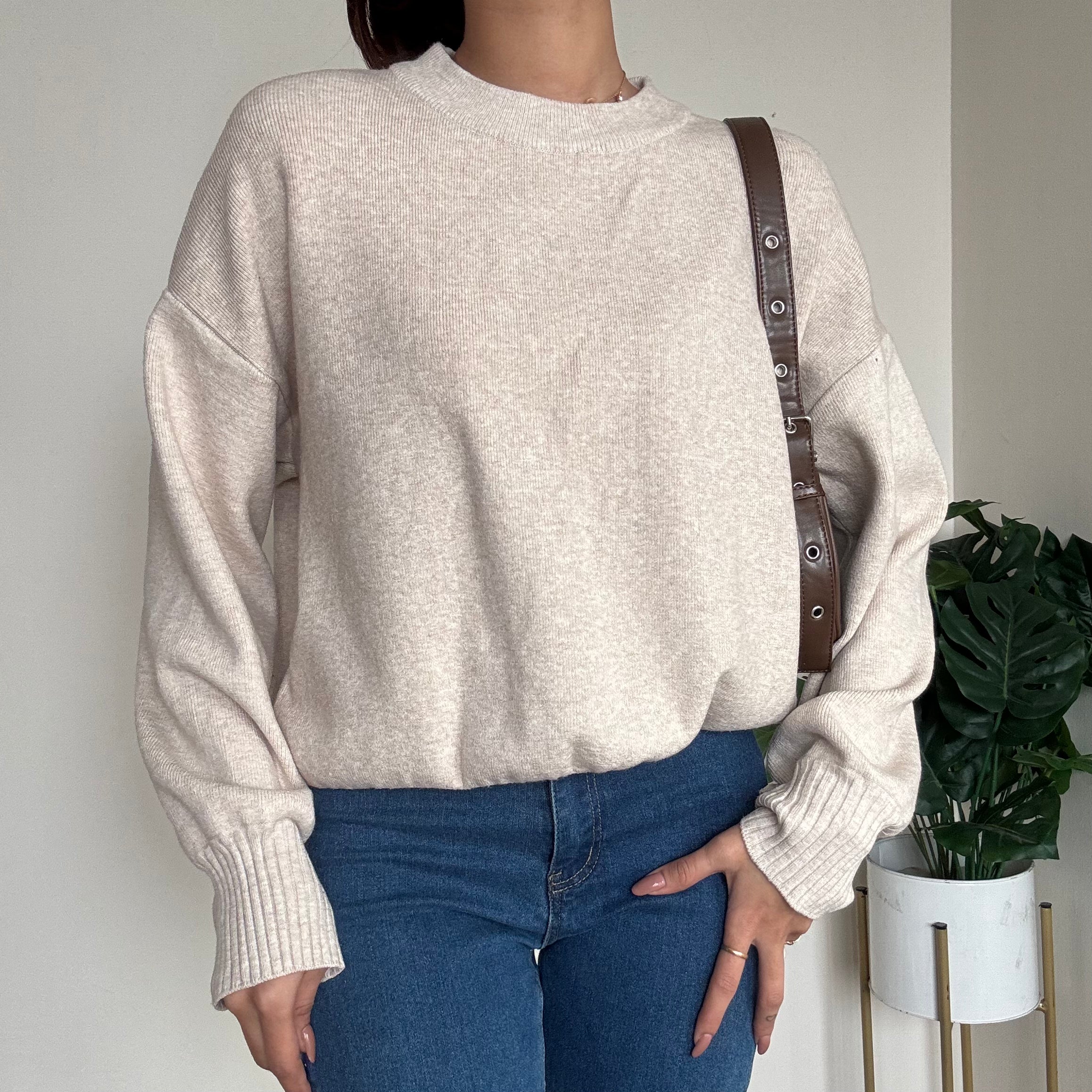 Beige Crew Neck Oversized Sweater