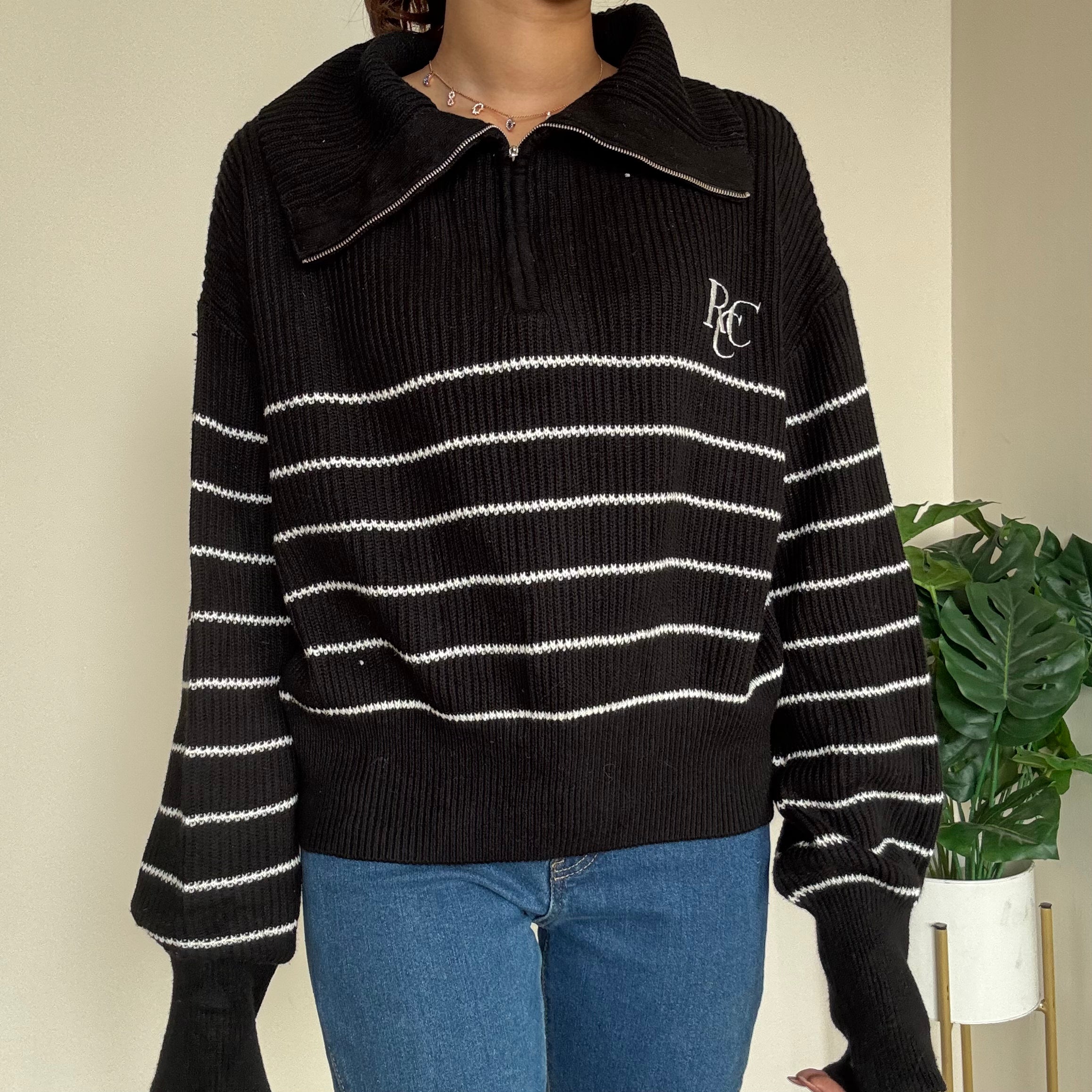 Black Striped Zipper Sweater