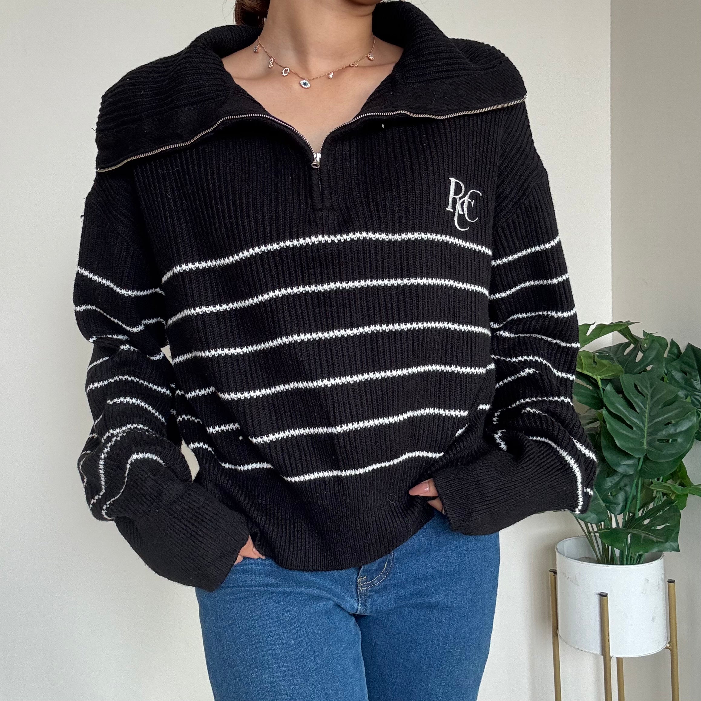 Black Striped Zipper Sweater