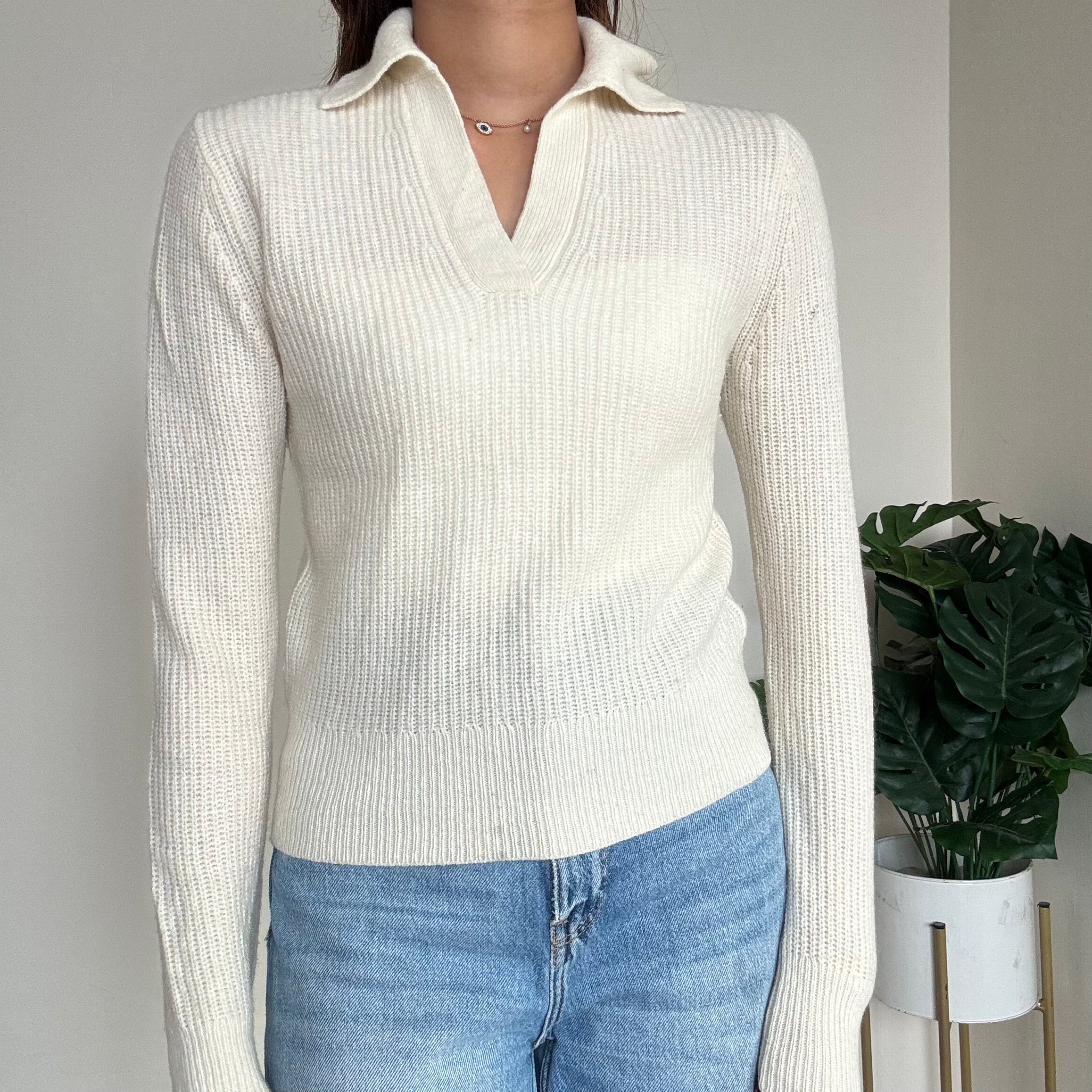 White V-Neck Collared Sweater