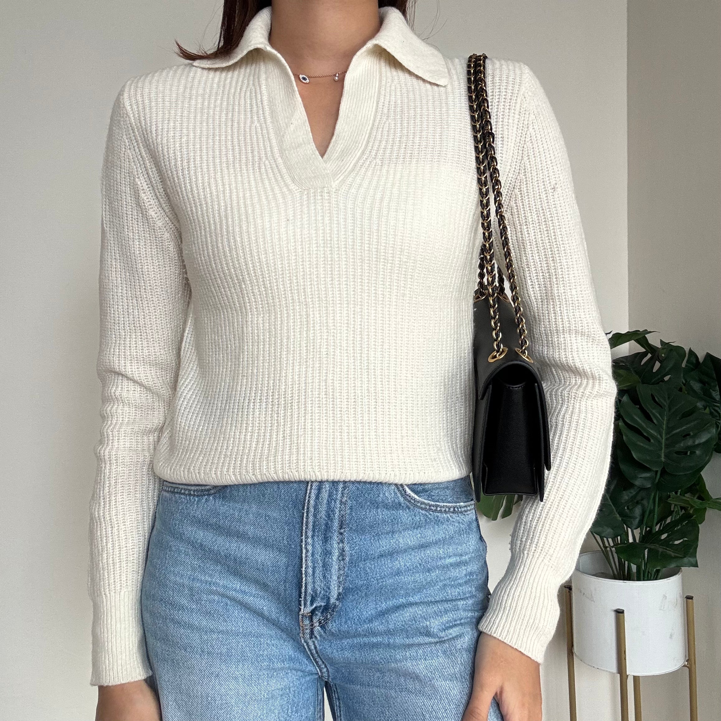 White V-Neck Collared Sweater