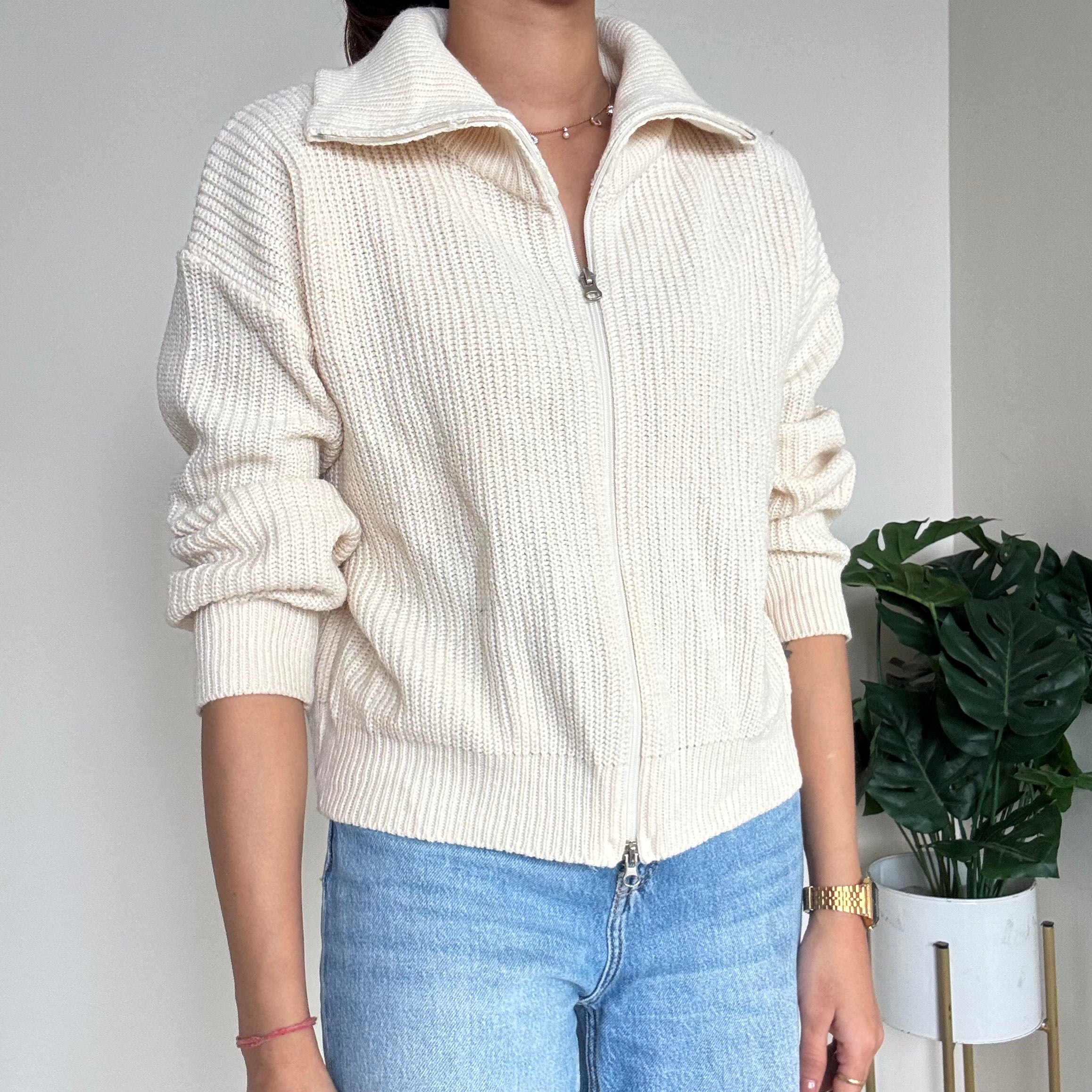 Cream Duo Zipper Sweater Cardigan