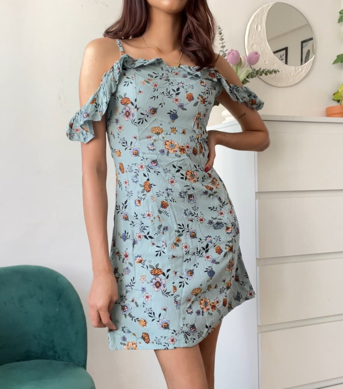 Floral Green Off-Shoulder Dress - e