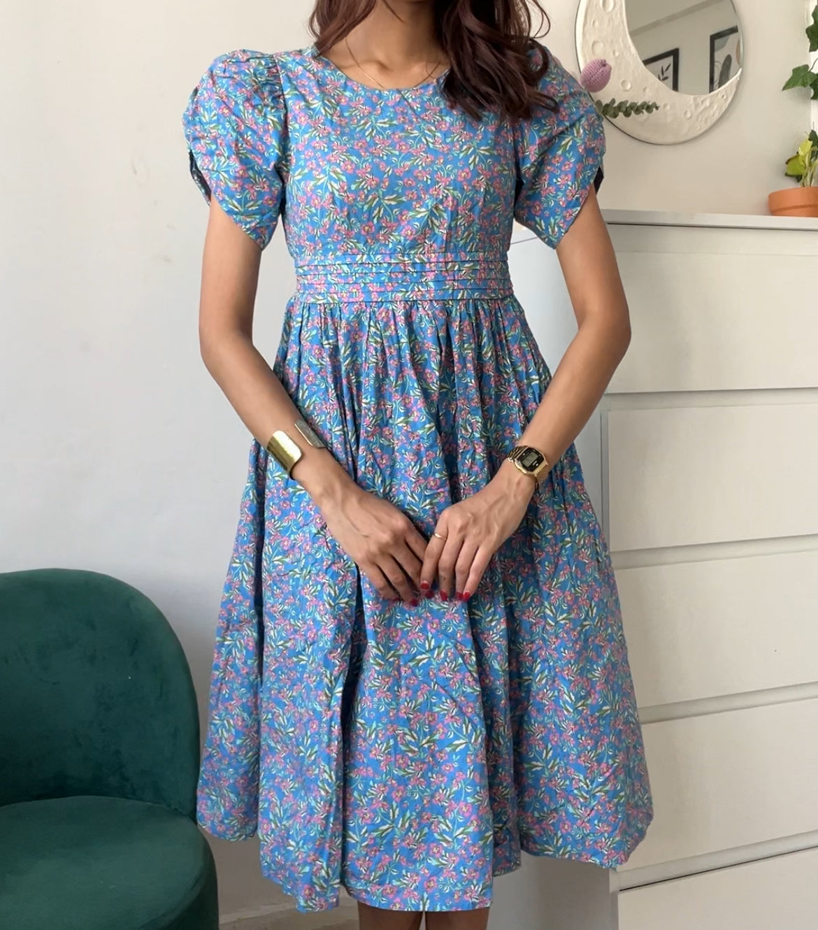 Blue Floral Puff Sleeve Dress