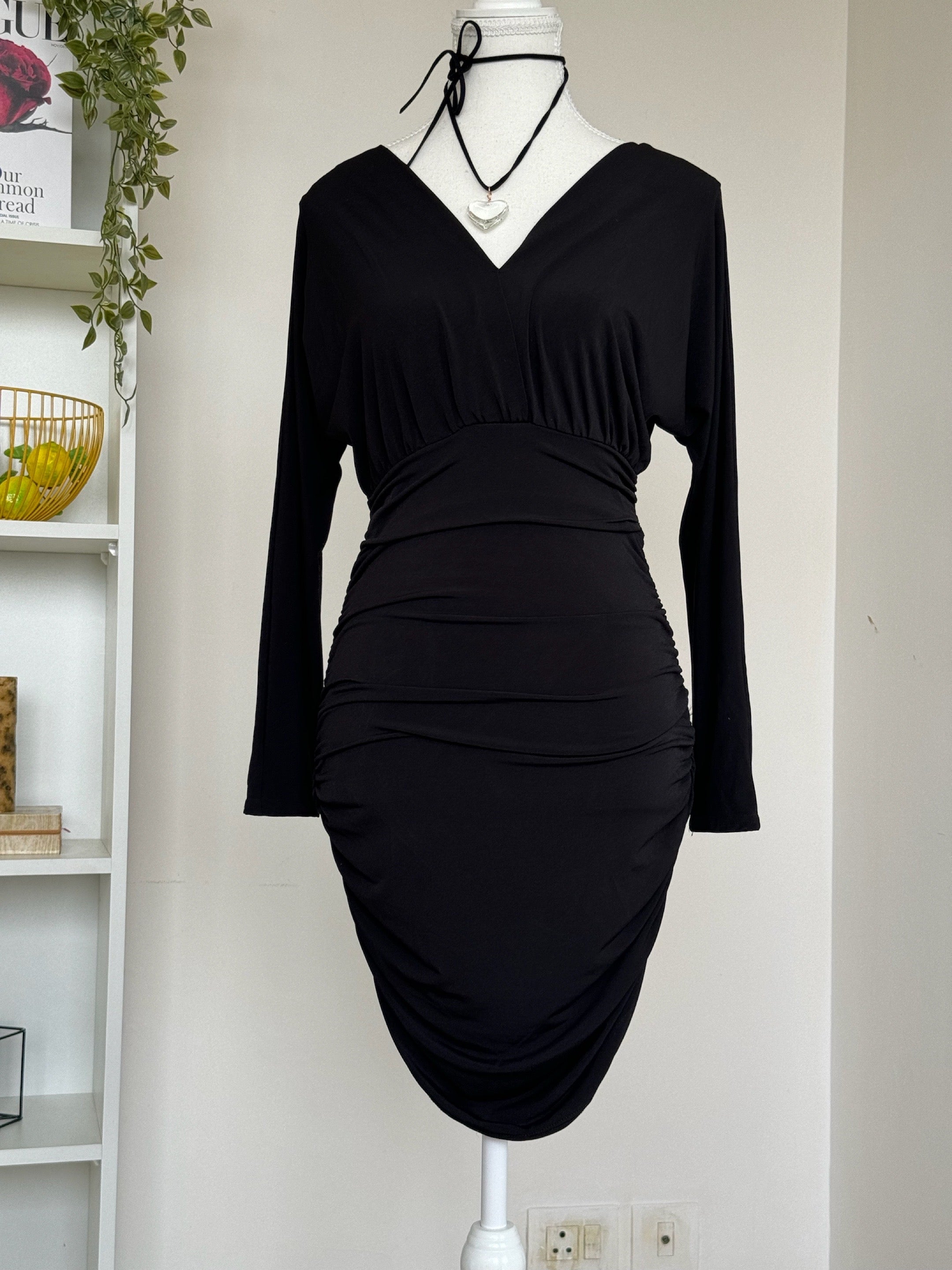 Solid Black Ruched Dress