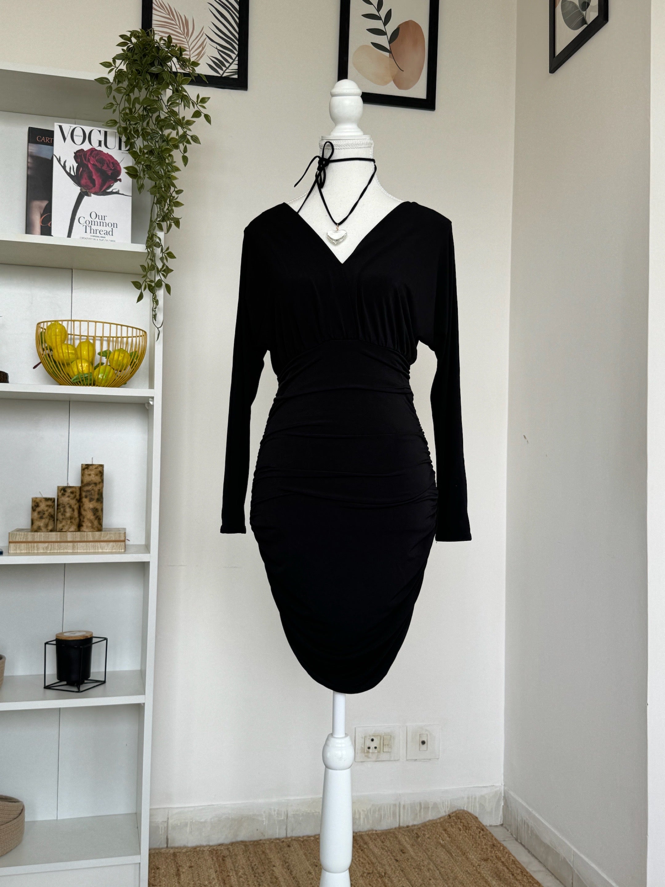 Solid Black Ruched Dress