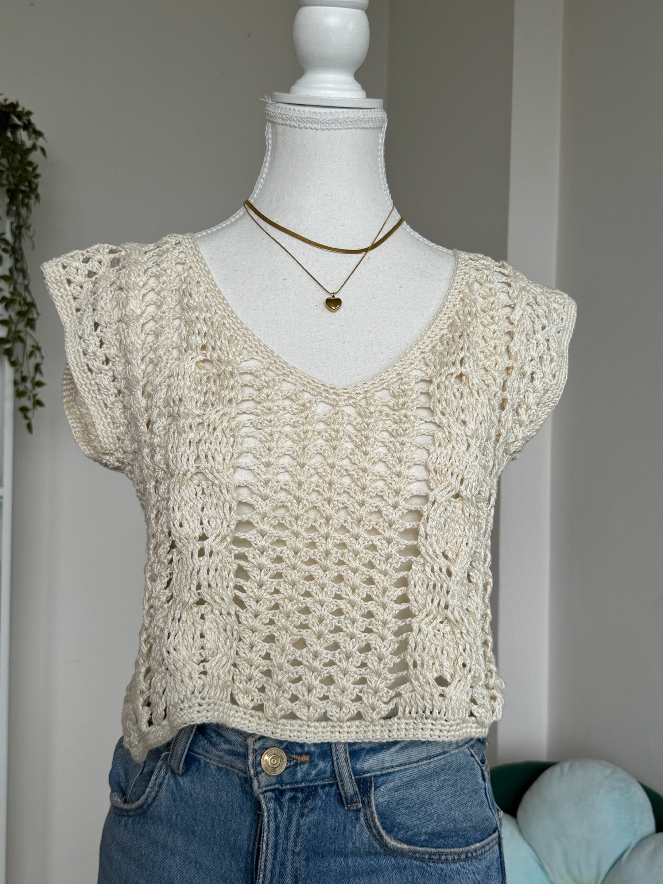 Cream V-Neck Crochet Top