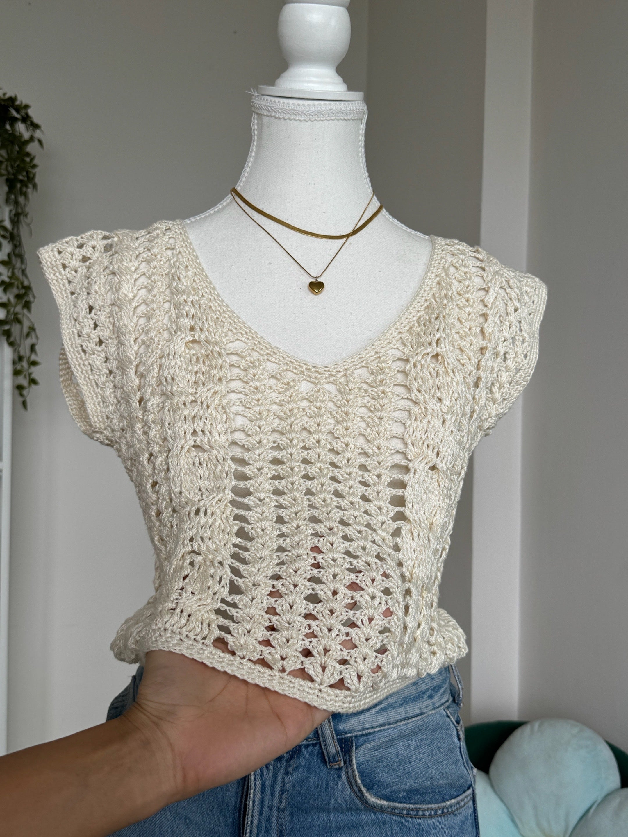 Cream V-Neck Crochet Top