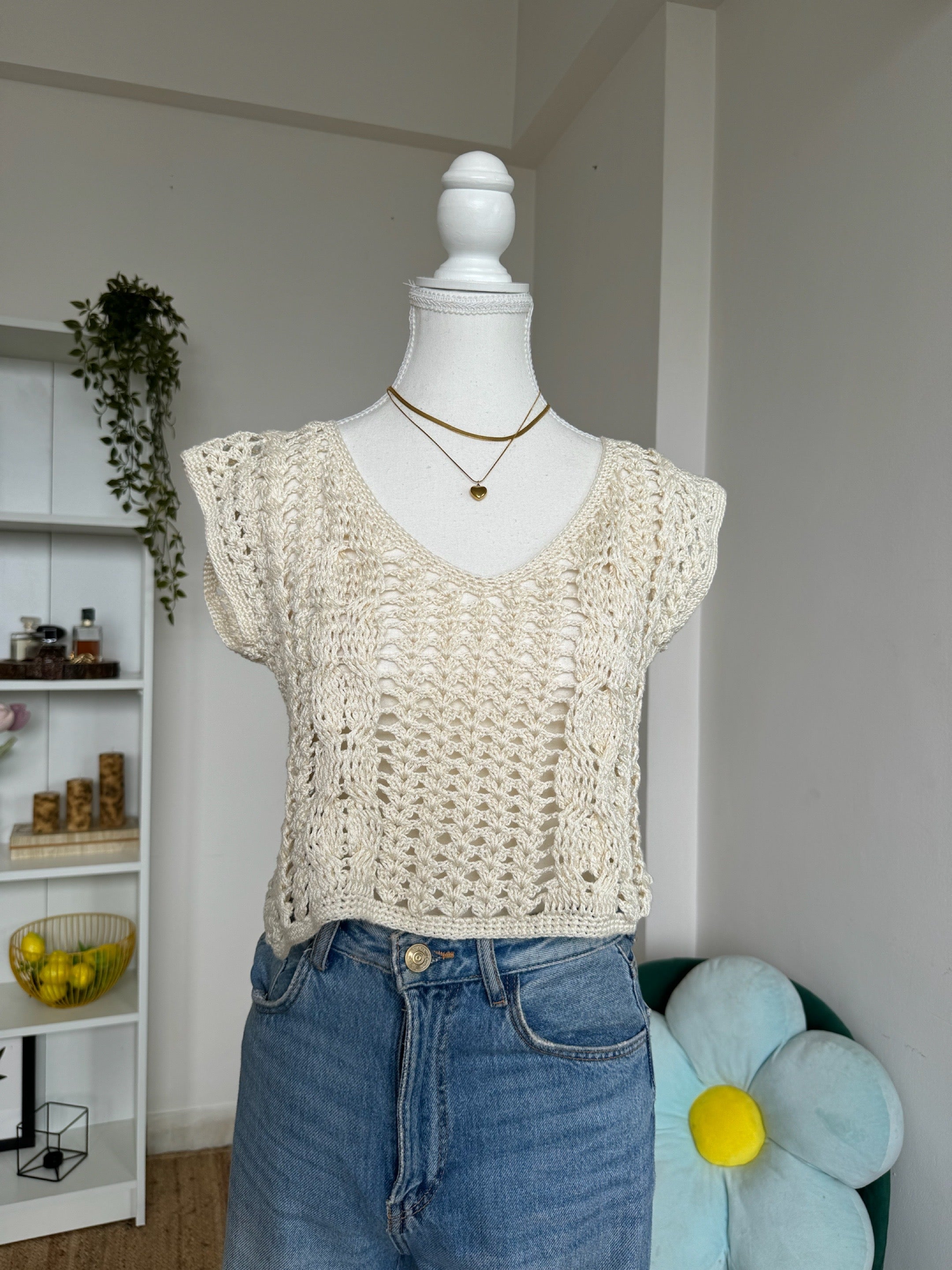 Cream V-Neck Crochet Top