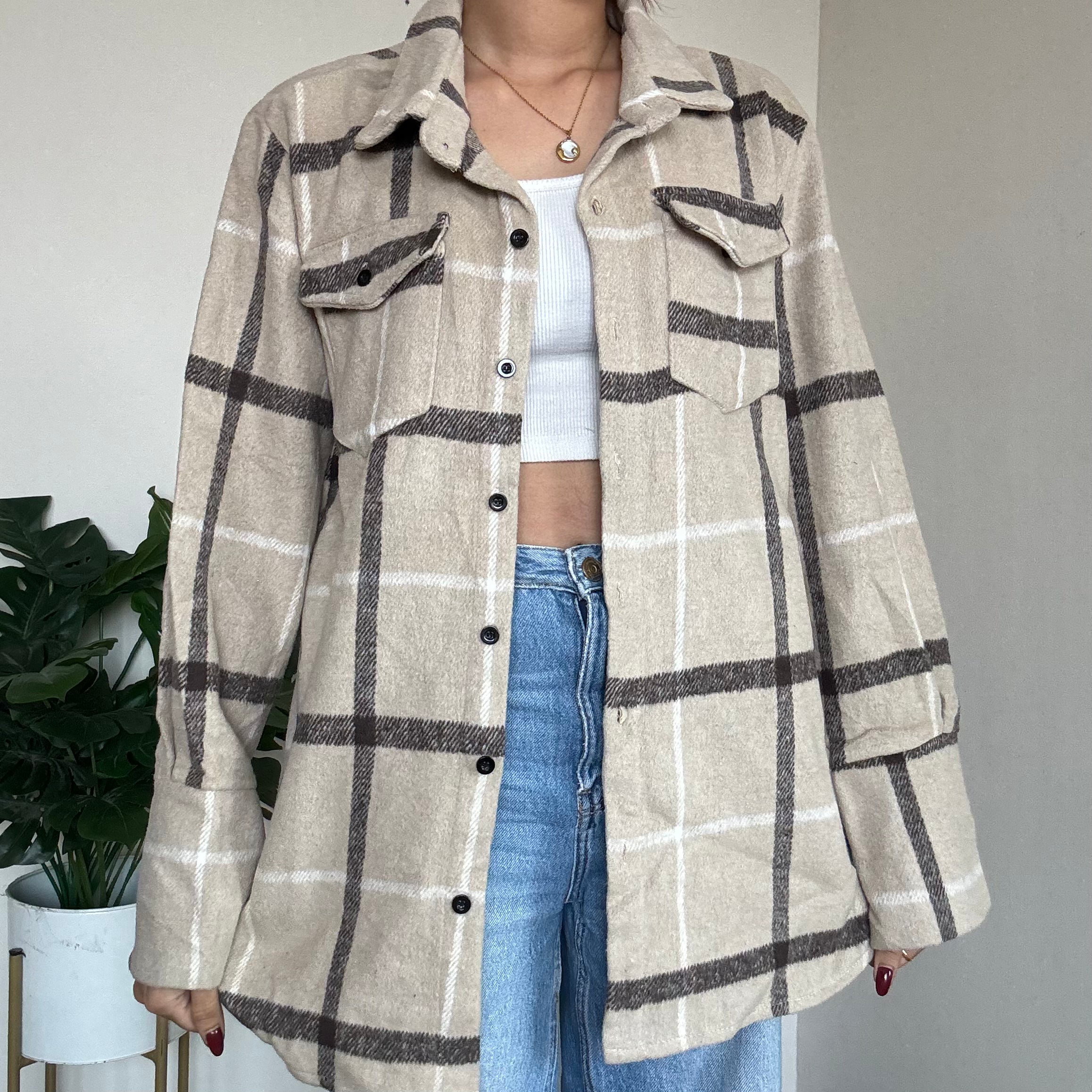 Beige Checkered Shacket - 16