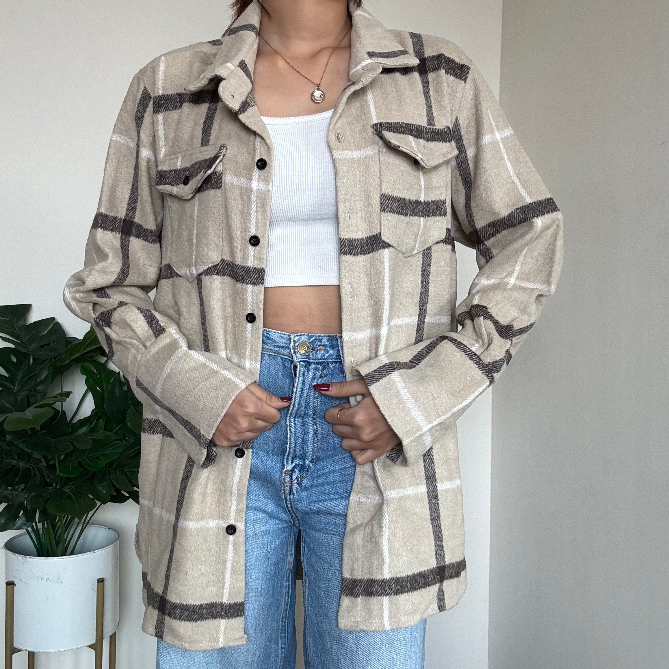 Beige Checkered Shacket - 16