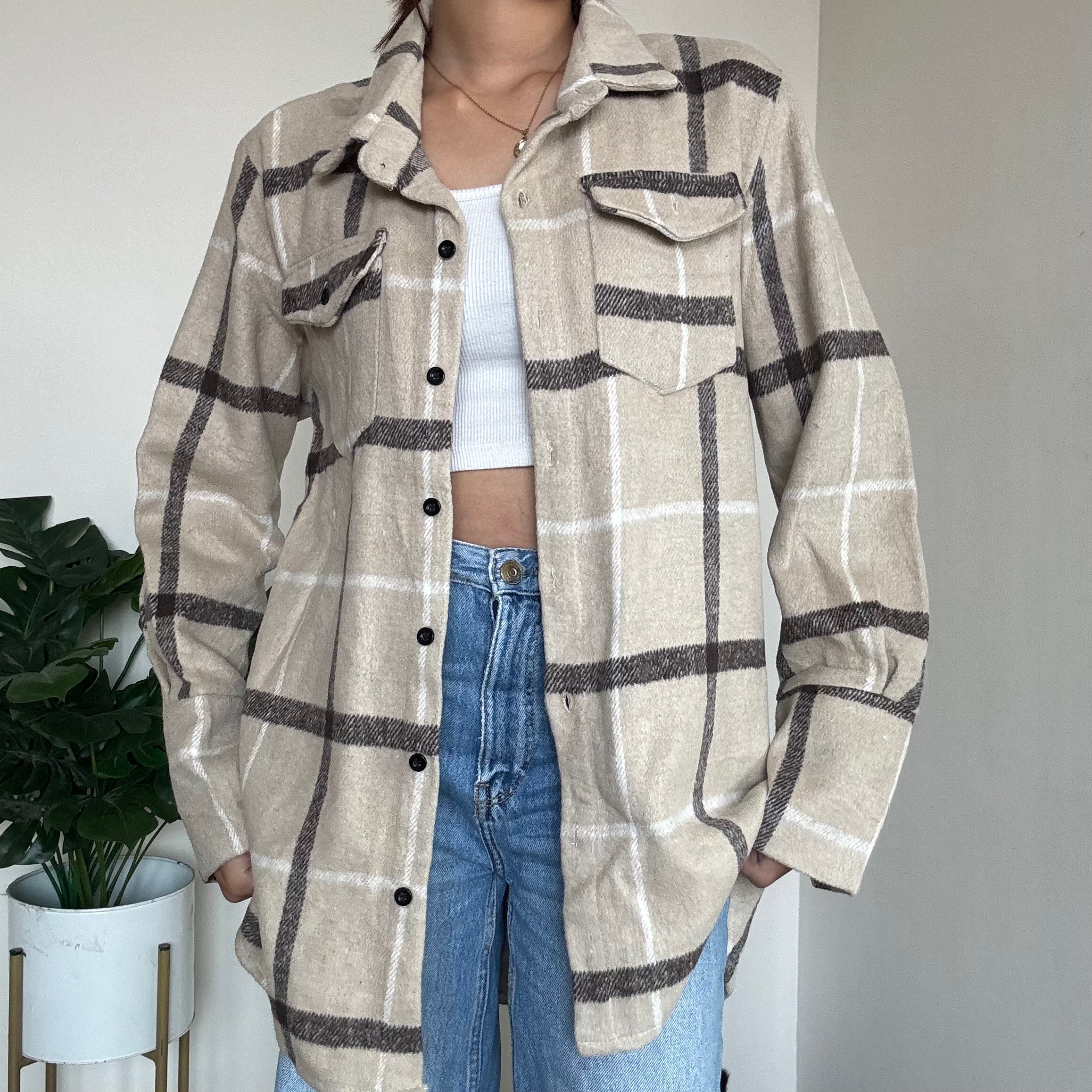 Beige Checkered Shacket - 16