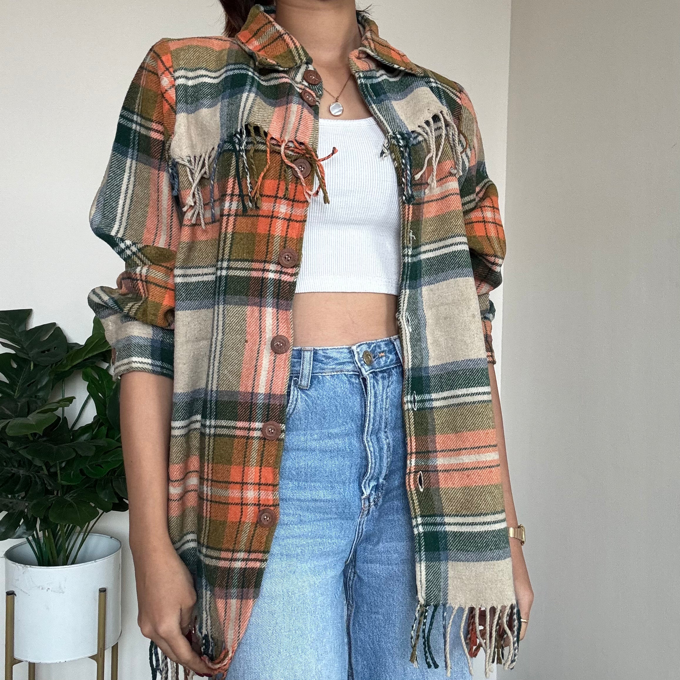 Orange-Green Fringe Checkered Shacket - ei