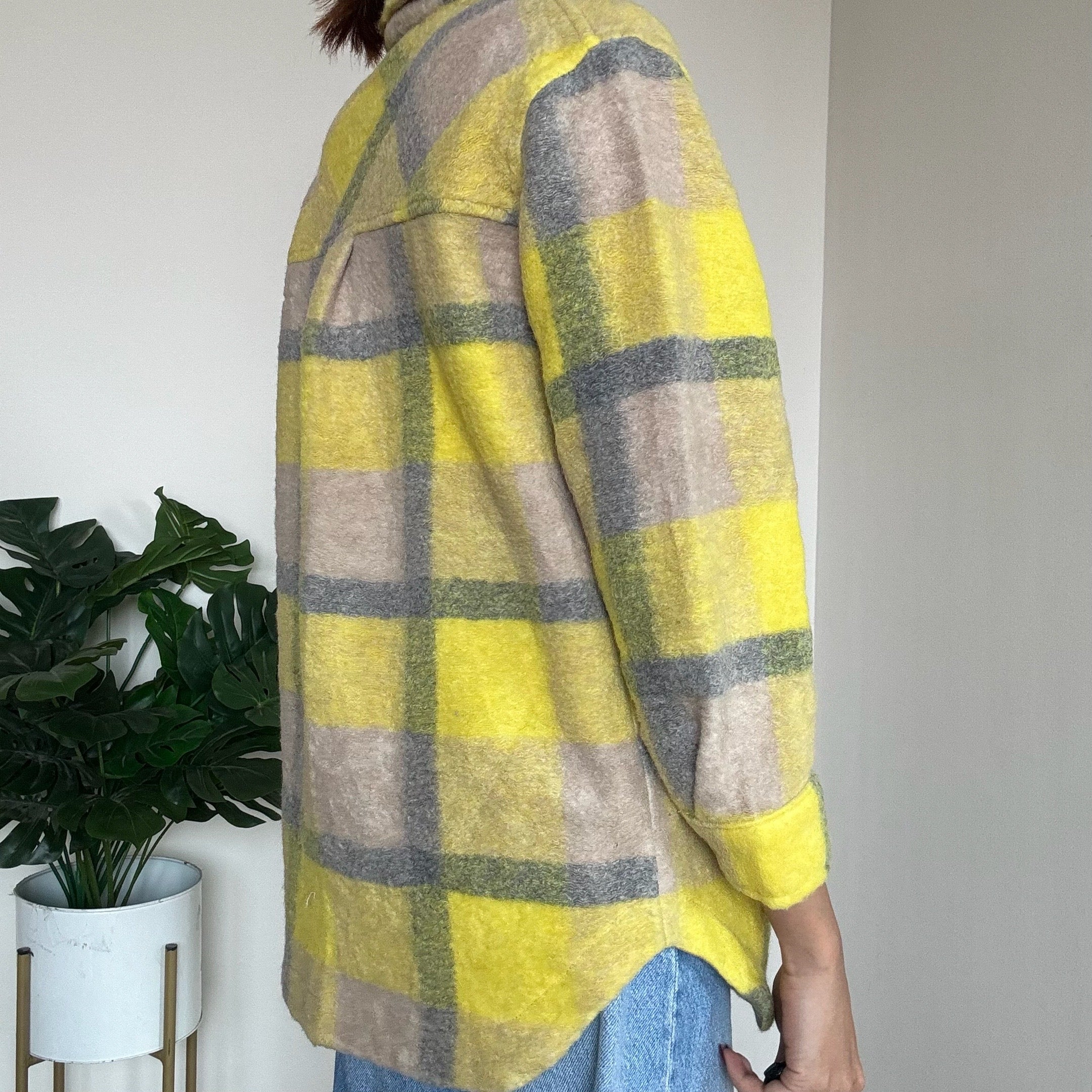 Neon Yellow Checkered Woollen Jacket - ZARA