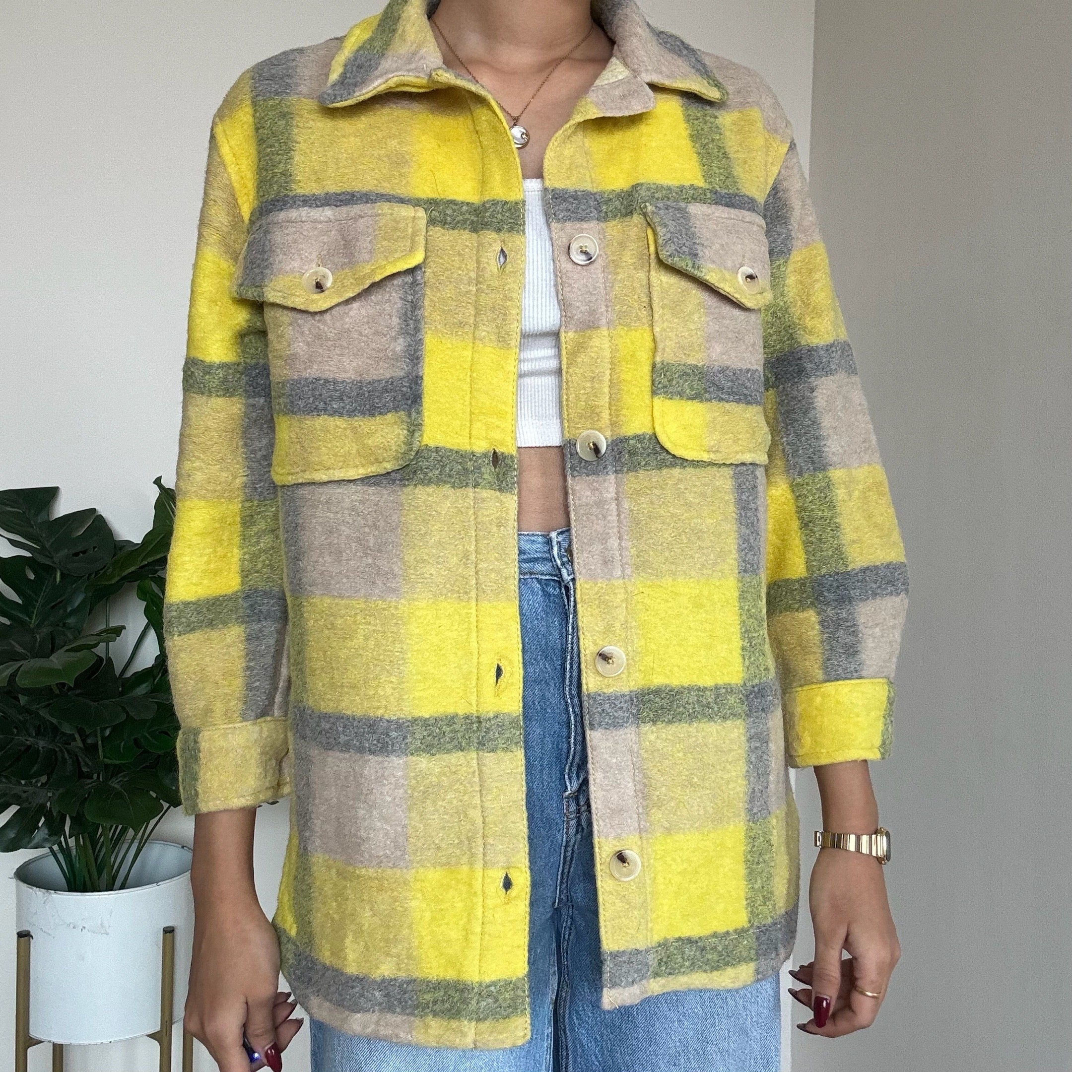 Neon Yellow Checkered Woollen Jacket - ZARA