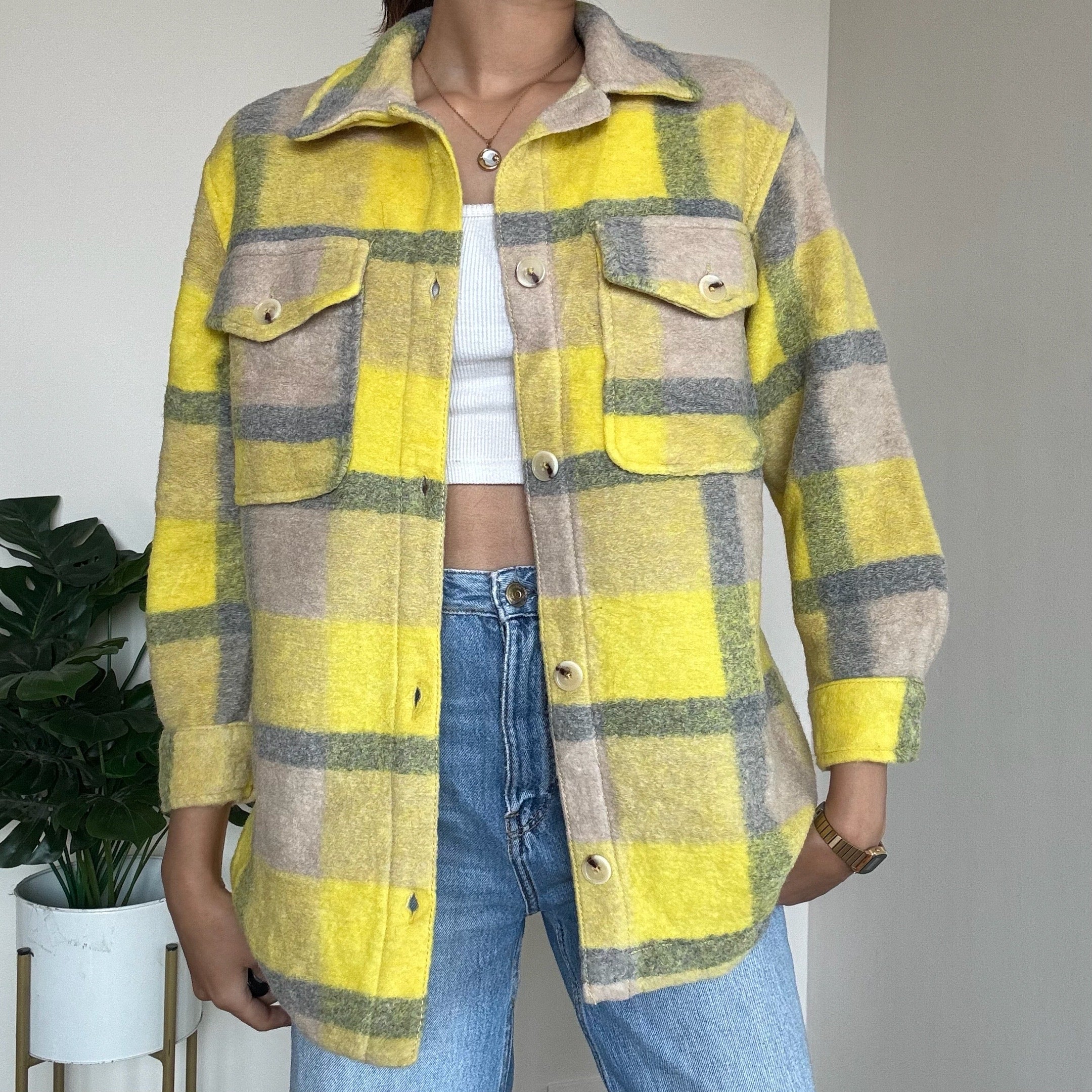 Neon Yellow Checkered Woollen Jacket - ZARA