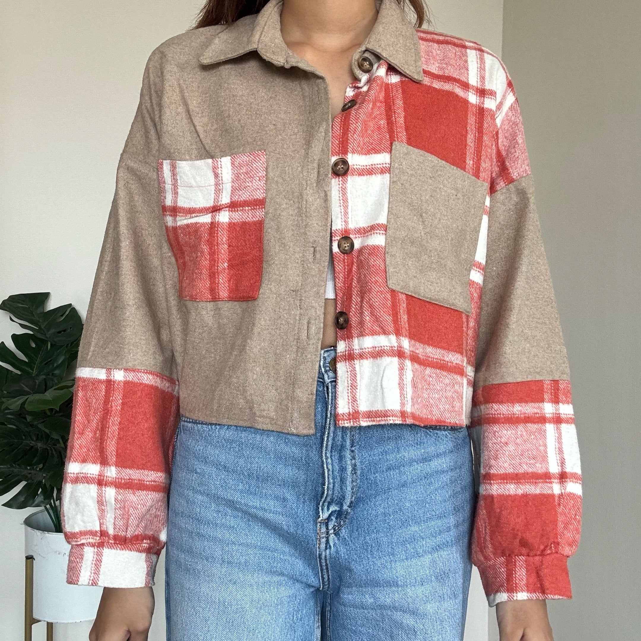 Beige Woollen Shacket with Red Check