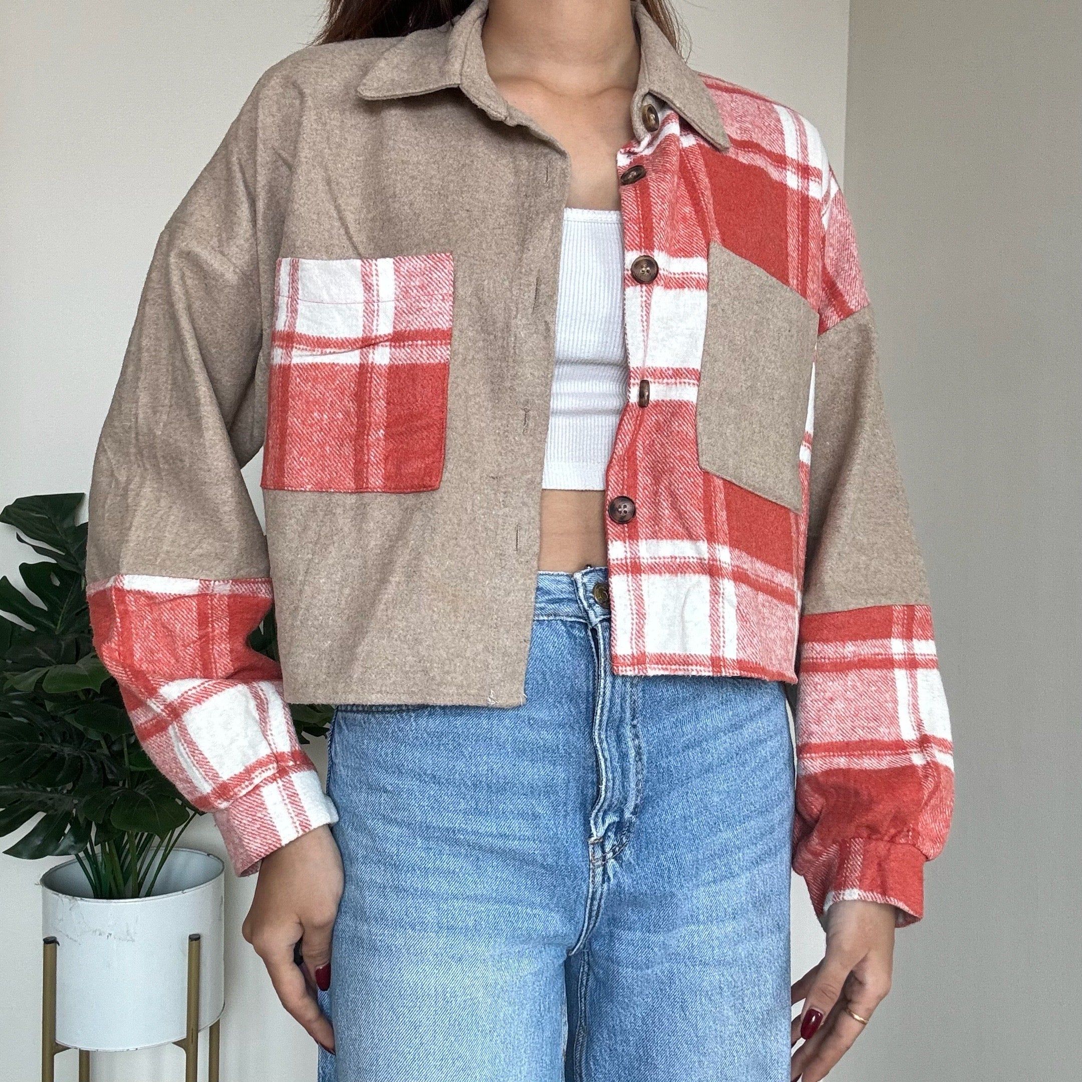 Beige Woollen Shacket with Red Check