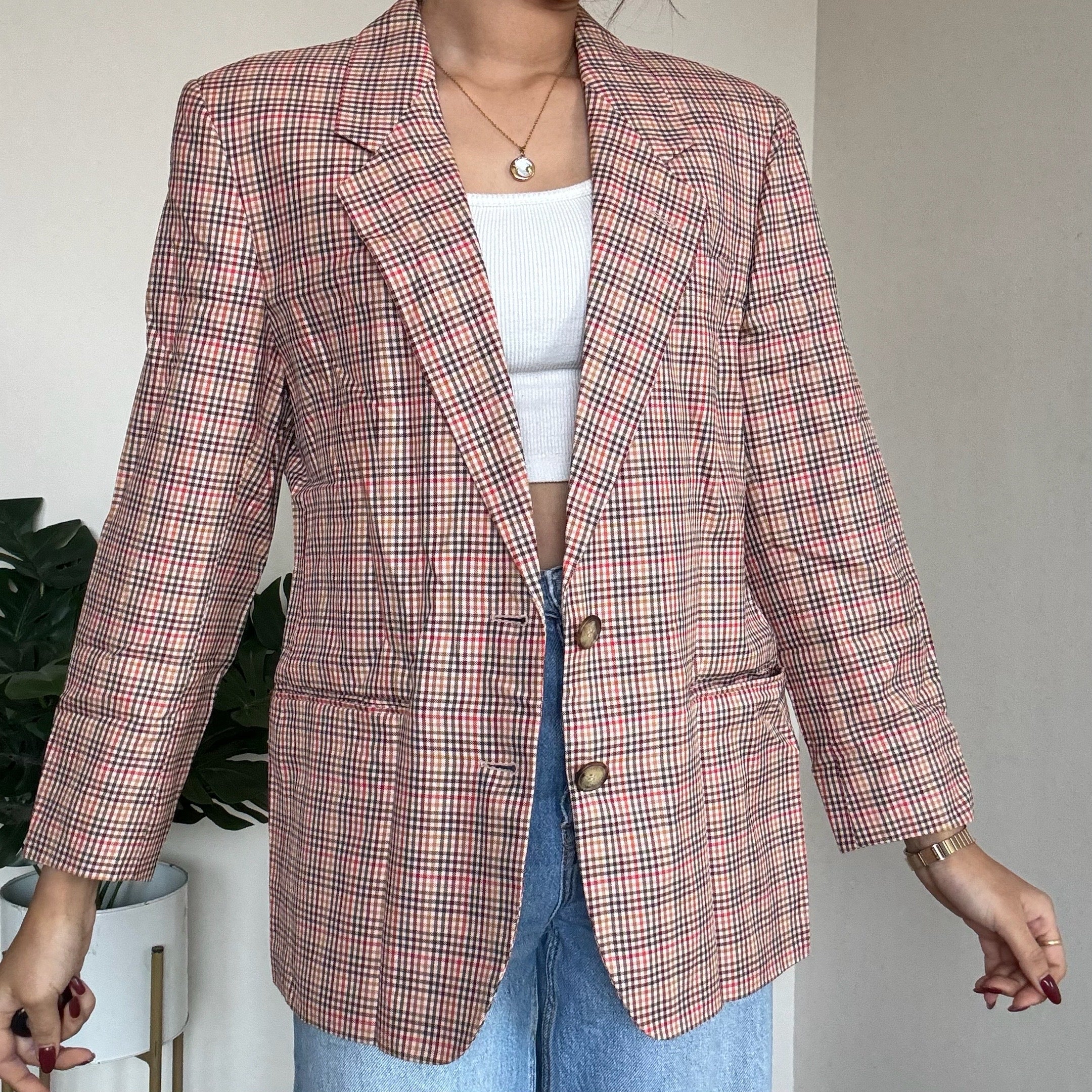 Peach Checkered Blazer - vg