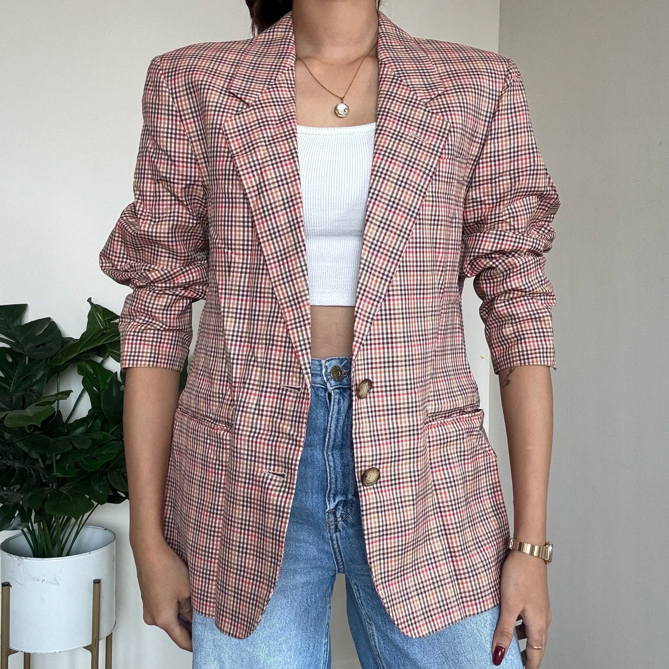 Peach Checkered Blazer - vg