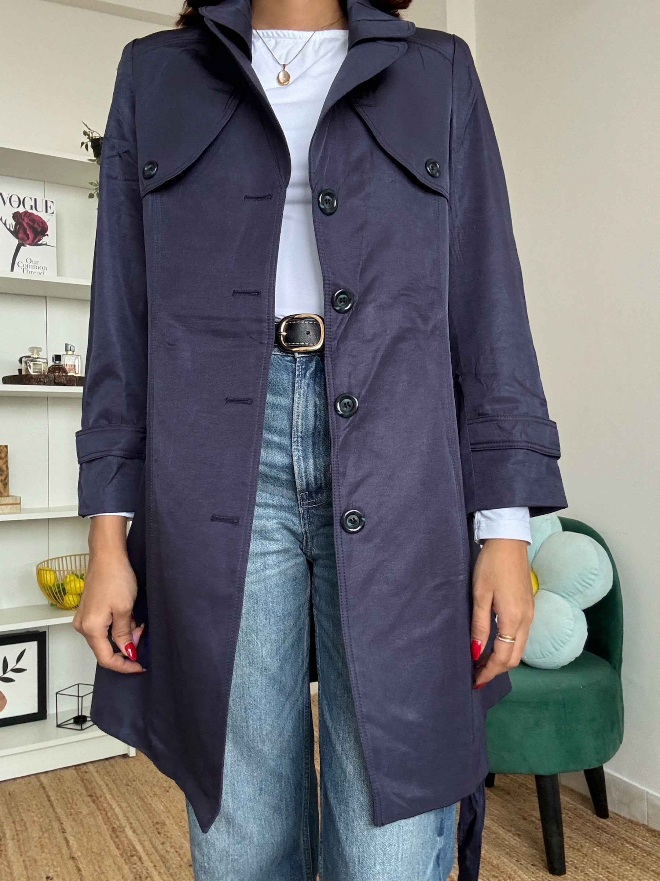 Solid Navy Trench Coat - 12