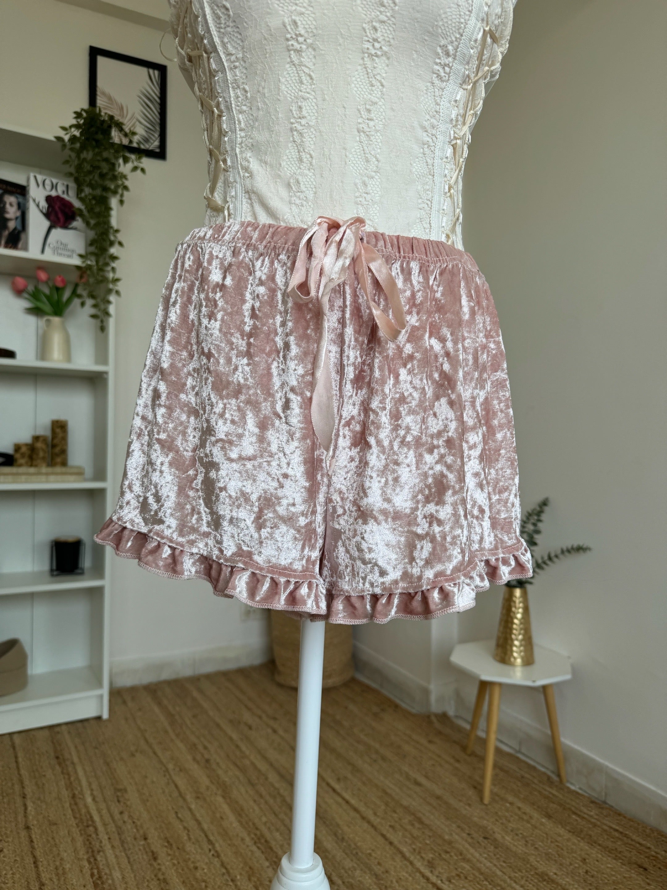 Baby Pink Velvet Lounge Shorts - 32/36